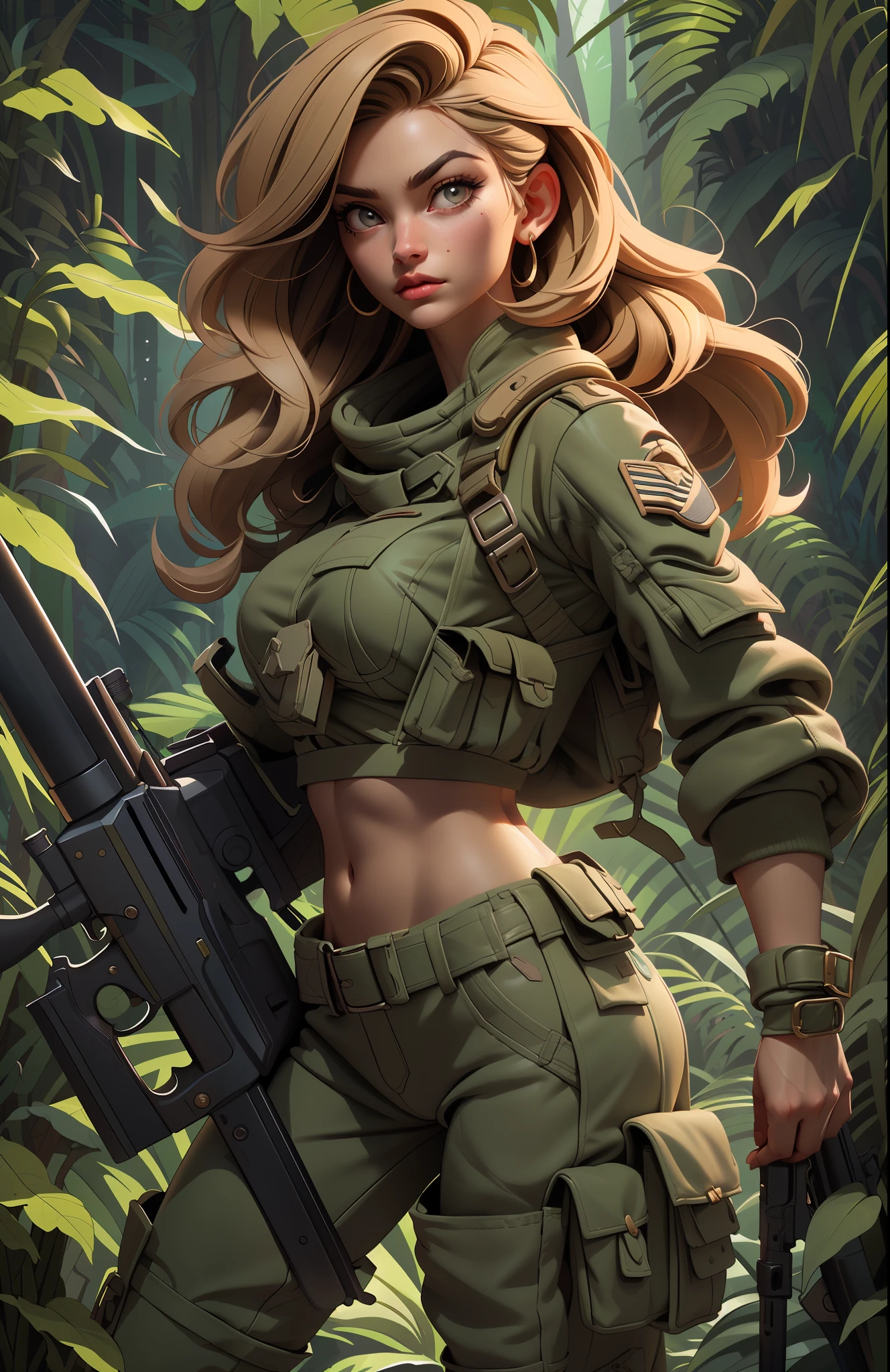 Gorgeous and fearless female soldier, fit body, military cropped top, bare shoulders, dark blond hair, tattoo arm, holding big gun, running, looking at distance, sun rays, (((jungle background))), full detail face,  killing eyes, high detail, realistic, photo quality, high quality,  (photorealistic:1.6), highly detailed, masterpiece, High-quality shadow,