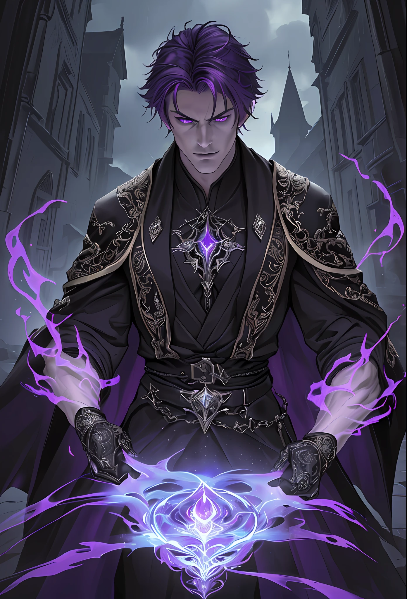 ((best quality)), ((masterpiece)), ((ultra realistic)),(handsome man, purple hair, short hair, purple eyes:1.2), beautiful intricately detailed soft oil painting of a looming dark lord, 1man, evil mage with glowing eyes, frowning detailed face, intricately embroidered robes, terrifying, dark, evil castle on a stormy night, lightening, rain, casting a spell, (comic style), glowing rainbow colored magic,