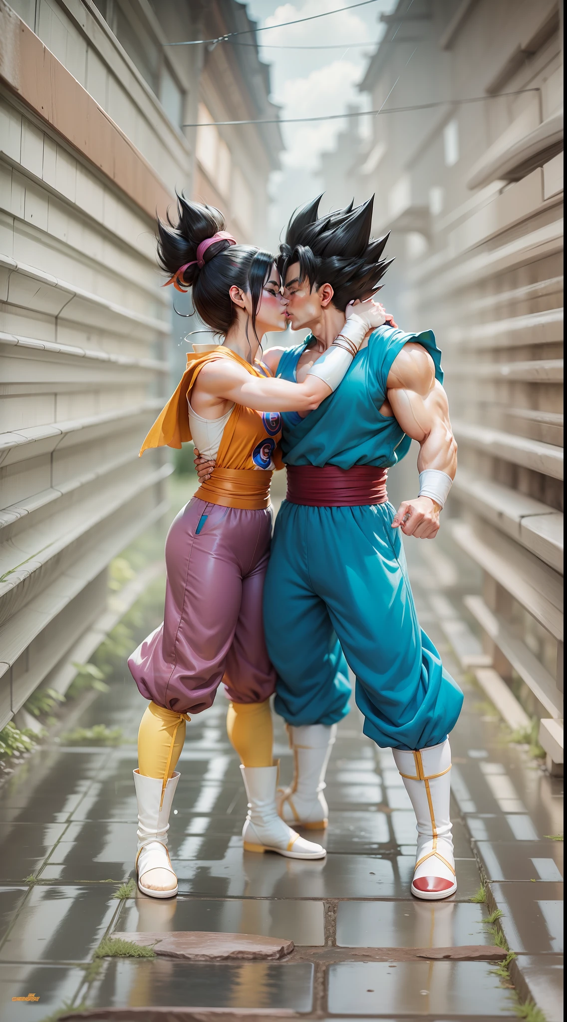 dragon ball super gohan and videl, kissing, super strong, muscular, raining, 35mm lens, photography, ultra details, precise texture details HDR, UHD,64K,