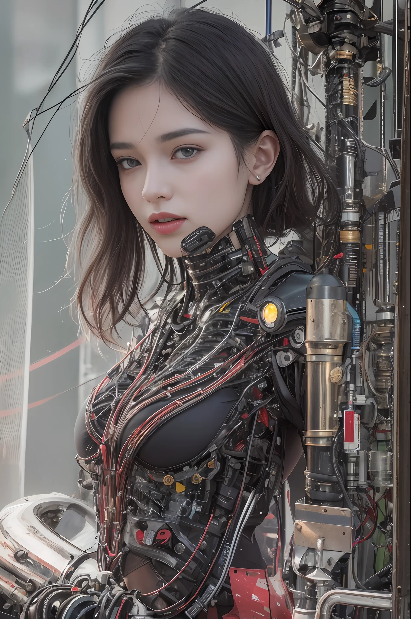 Top Quality, Masterpiece, Ultra High Resolution, (Photorealistic: 1.4), Raw Photo, 1 Girl, Black Hair, Glossy Skin, 1 Mechanical Girl, (Ultra Realistic Details)), Standing in cyberpunk street, Global Illumination, Shadows, Octane Rendering, 8K, Ultra Sharp, Big, Cleavage Exposed Raw Skin, Metal, Intricate Ornament Details, Egyptian Details, Very intricate details, realistic light, CGSoation trend, purple eyes, glowing eyes, facing the camera, neon details, mechanical limbs, blood vessels connected to the tube, mechanical vertebrae attached to the back, mechanical cervical attachment to the neck, sitting, wires and cables connecting to the head, evangelion, small LED lamp.