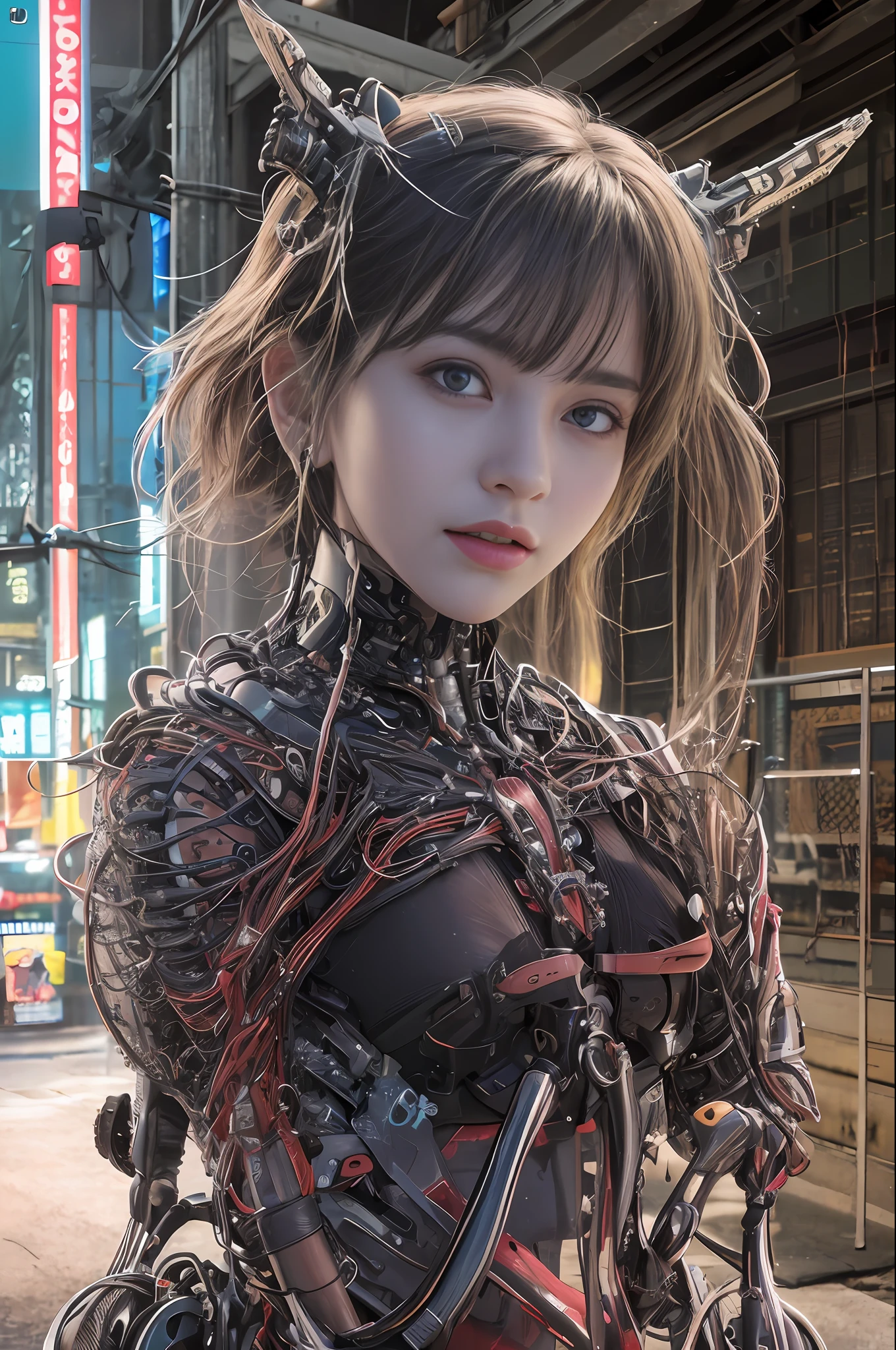 Top Quality, Masterpiece, Ultra High Resolution, (Photorealistic: 1.4), Raw Photo, 1 Girl, Black Hair, Glossy Skin, 1 Mechanical Girl, (Ultra Realistic Details)), Standing in cyberpunk street, Global Illumination, Shadows, Octane Rendering, 8K, Ultra Sharp, Big, Cleavage Exposed Raw Skin, Metal, Intricate Ornament Details, Egyptian Details, Very intricate details, realistic light, CGSoation trend, purple eyes, glowing eyes, facing the camera, neon details, mechanical limbs, blood vessels connected to the tube, mechanical vertebrae attached to the back, mechanical cervical attachment to the neck, sitting, wires and cables connecting to the head, evangelion, small LED lamp.