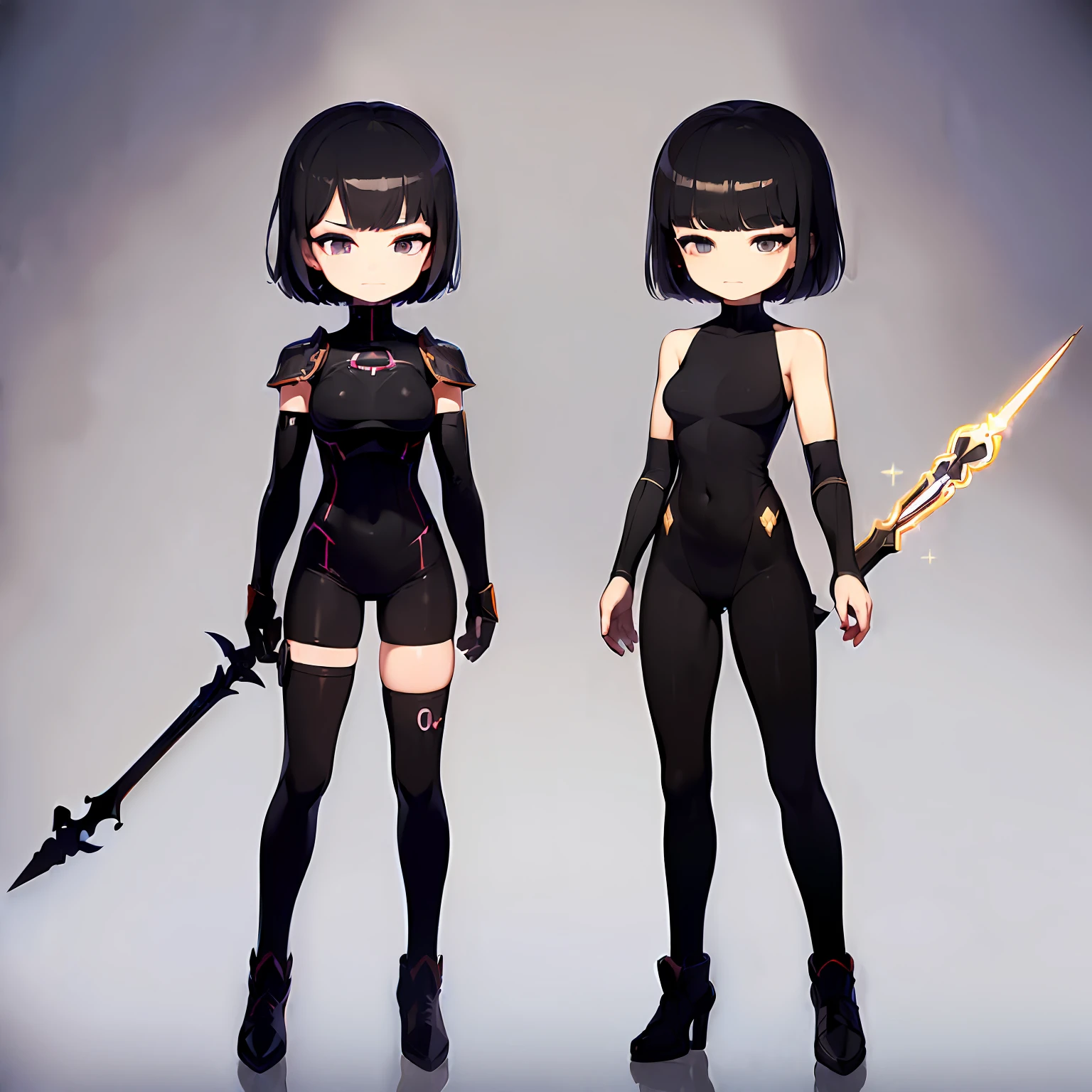 (CharacterDesignSheet:1.8),(Same character full body:1.8),(frontage:1.8),(Lateral face:1.8),(on back:1.8),(hyper HD:1.5),(Super accurate:1.5),(The is very detailed:1.8),(超高分辨率:1.5),(hyper-high detail:1.5),(Ultra high quality:1.5),(best qualtiy:1.5),(4k画质:1.5),(8K quality:1.5),(No background:1.8),(Remove the background:1.8),(Without background:1.7),1 girl,(with short black hair:1.3),(Delicate eyes:1.3),Be red in the face,is shy,(Wear a suit of armor,Armed with a spear:1.5),medium boob,(Ultra-thin legs:1.5),(Q version of cartoon:1.8),(Side of the character:1.8),(4 Cephalic body:1.5),(30° side viewing angle:1.7),(Full body characters:1.9)