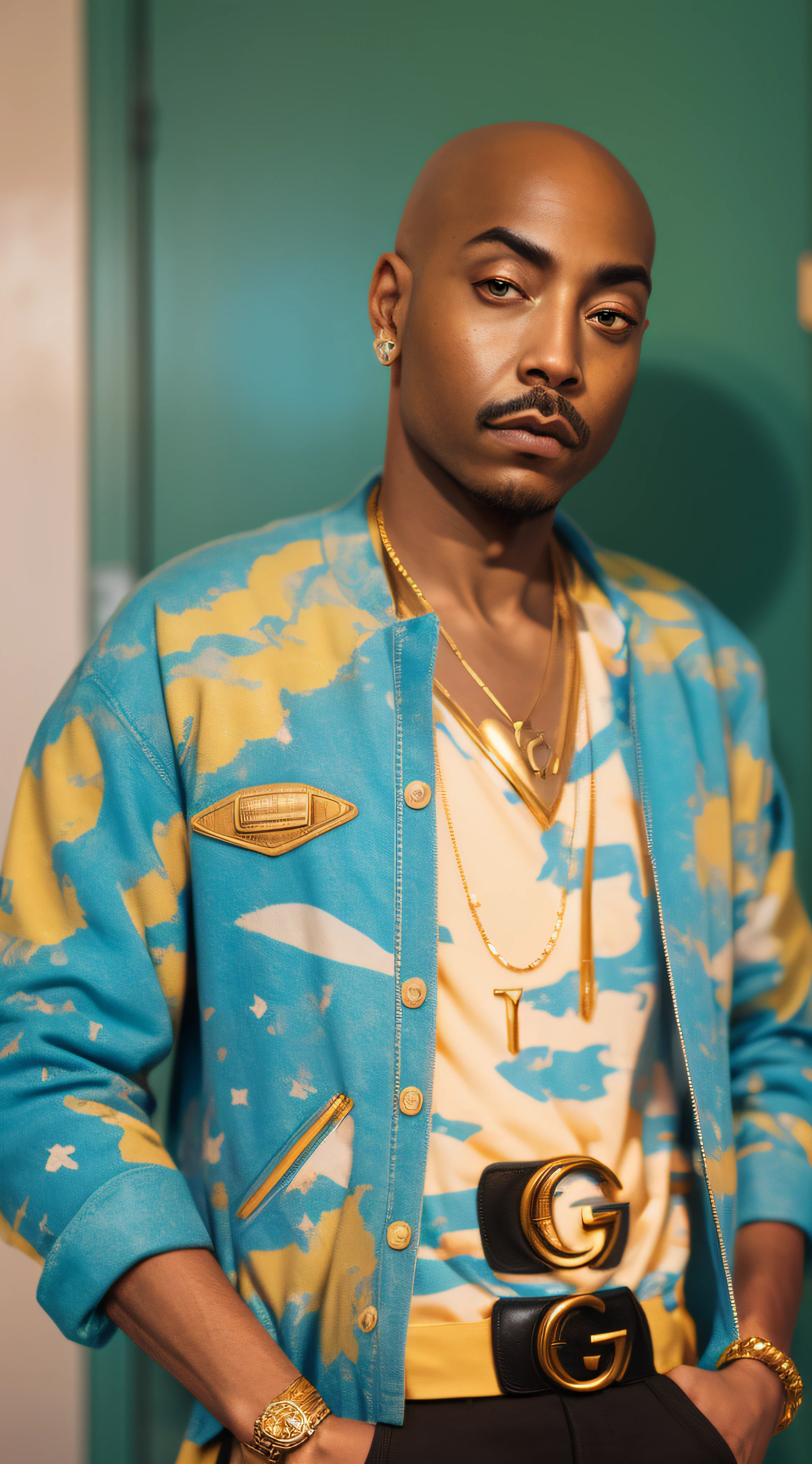 1rapper with Bald hair, T Pose, Green background, modern luxury designer cloths (Gucci) (Fendi) (H R Gigger), High End Luxury Fashion, Lots of GOld Chains Jewelry and Diamonds, fog, detailed and realistic image, amazing composition with vintage scenery with abstract shapes, abstract minimalist background with tentacles, melt, drip, yoshitomo nara:1.5, wes anderson:1.3, new casualism, retro, minimalism,BiopunkAI