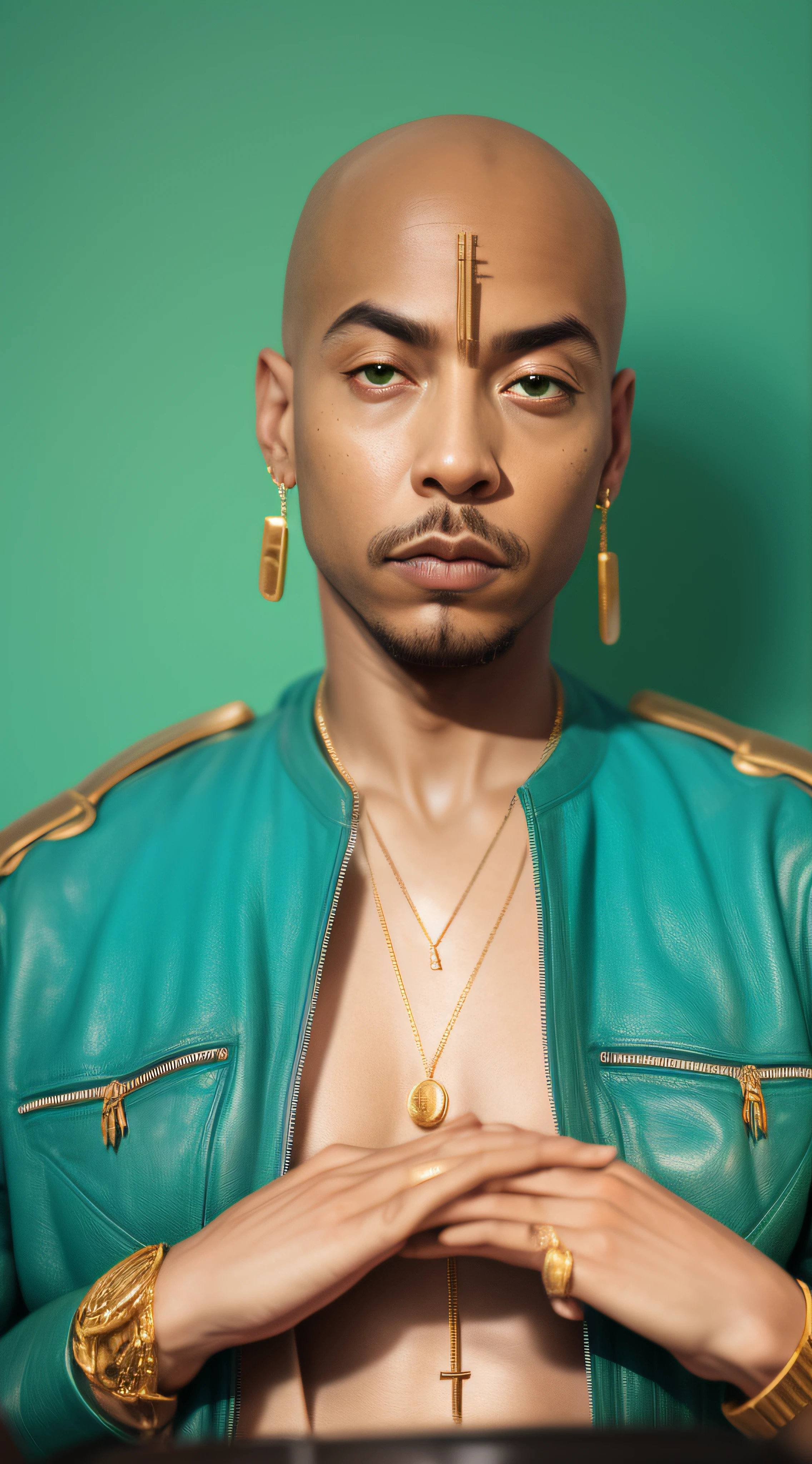 1rapper with Bald hair, T Pose, Green background, modern luxury designer cloths (Gucci) (Fendi) (H R Gigger), High End Luxury Fashion, Lots of GOld Chains Jewelry and Diamonds, fog, detailed and realistic image, amazing composition with vintage scenery with abstract shapes, abstract minimalist background with tentacles, melt, drip, yoshitomo nara:1.5, wes anderson:1.3, new casualism, retro, minimalism,BiopunkAI