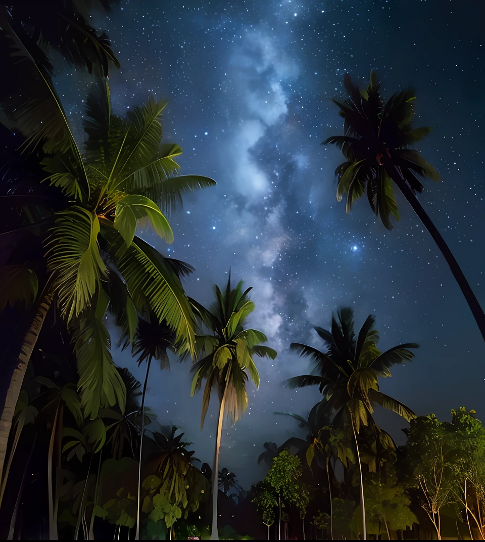 coconut trees and a night sky with the milky way in the background, night with starry sky, night sky photography, noite coberta de estrelas, Olhando para as estrelas, the milky way in the sky, Estrelas brilhando na noite, the sky has the milky way, fotografia noturna, watching the stars at night, panoramic view at night