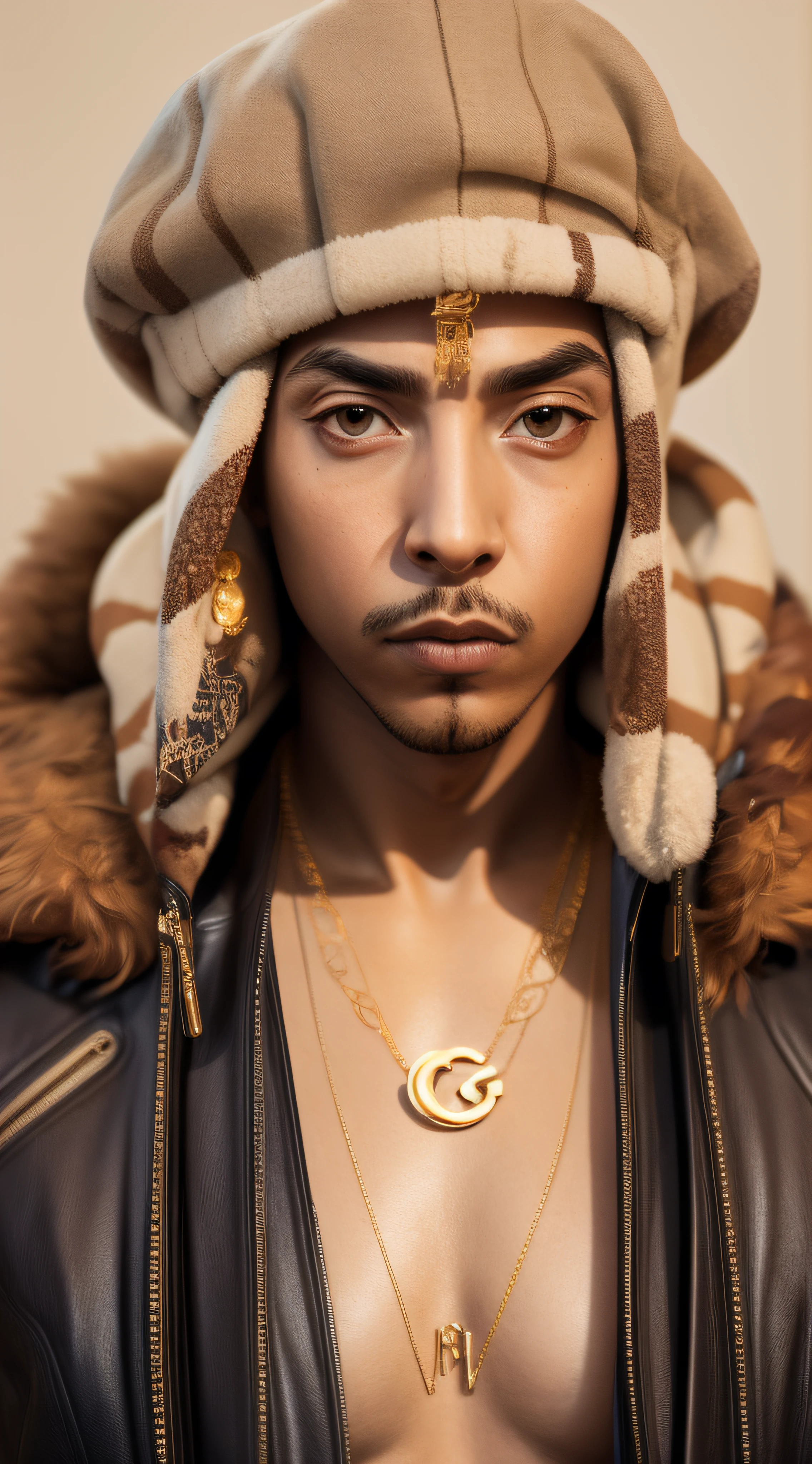 1rapper with Bald hair, T Pose, Fantasy Background, modern mink Fur Jacket (Gucci) (Fendi) (H R Gigger), High End Luxury Fashion, Lots of GOld Chains Jewelry and Diamonds, fog, detailed and realistic image, amazing composition with vintage scenery with abstract shapes, abstract minimalist background with tentacles, melt, drip, yoshitomo nara:1.5, wes anderson:1.3, new casualism, retro, minimalism,BiopunkAI