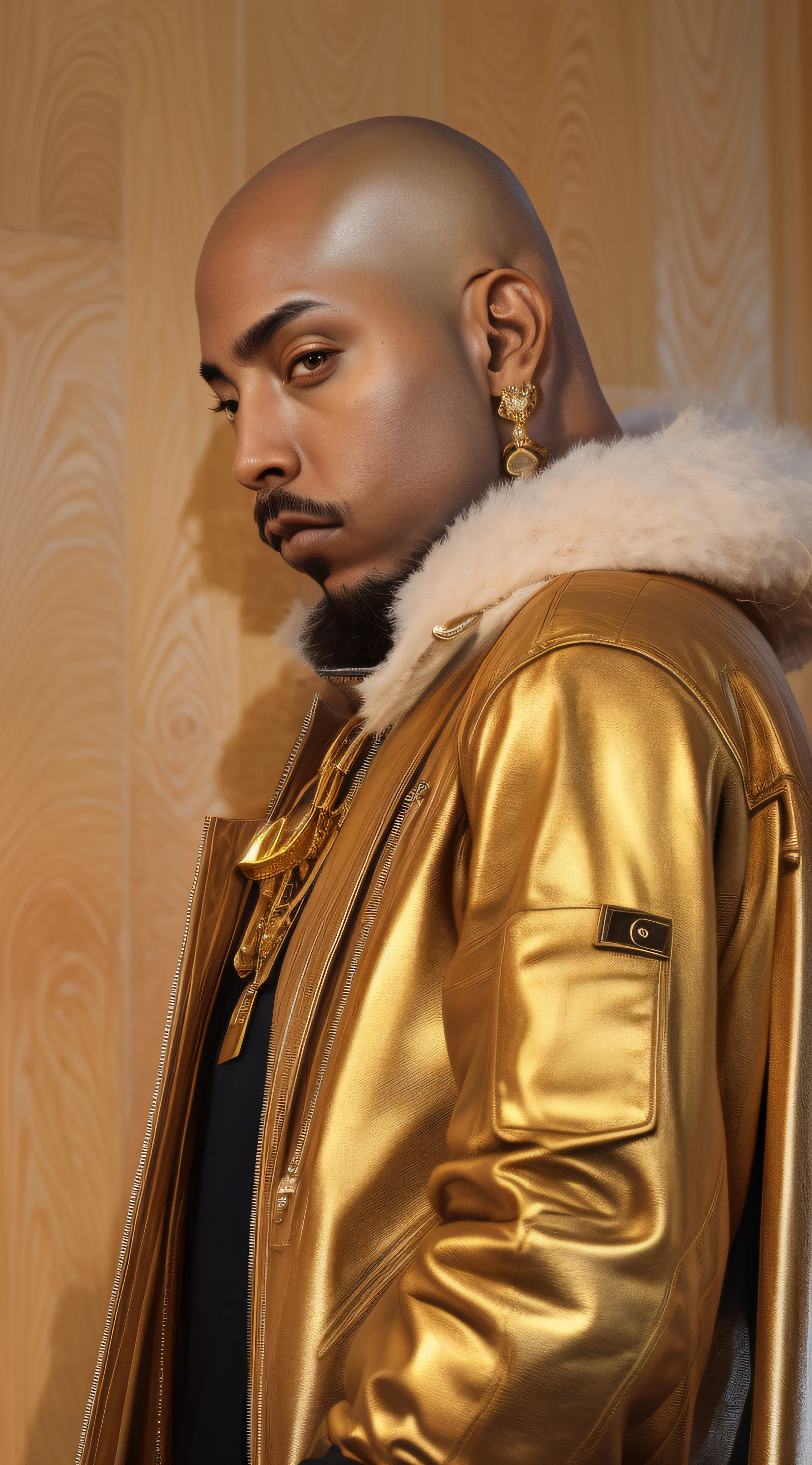 1rapper with Bald hair, T Pose, Fantasy Background, modern mink Fur Jacket (Gucci) (Fendi) (H R Gigger), High End Luxury Fashion, Lots of GOld Chains Jewelry and Diamonds, fog, detailed and realistic image, amazing composition with vintage scenery with abstract shapes, abstract minimalist background with tentacles, melt, drip, yoshitomo nara:1.5, wes anderson:1.3, new casualism, retro, minimalism,BiopunkAI