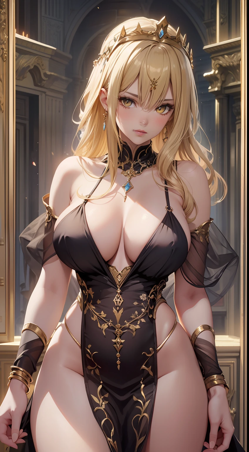 ((Best quality)), ((masterpiece)), ((realistic)), ((detailed)), beautiful, marika, queen marika, black dress, plunging neckline, blonde hair, yellow eyes, breast curtains, pelvic curtain, sexy, sensual.