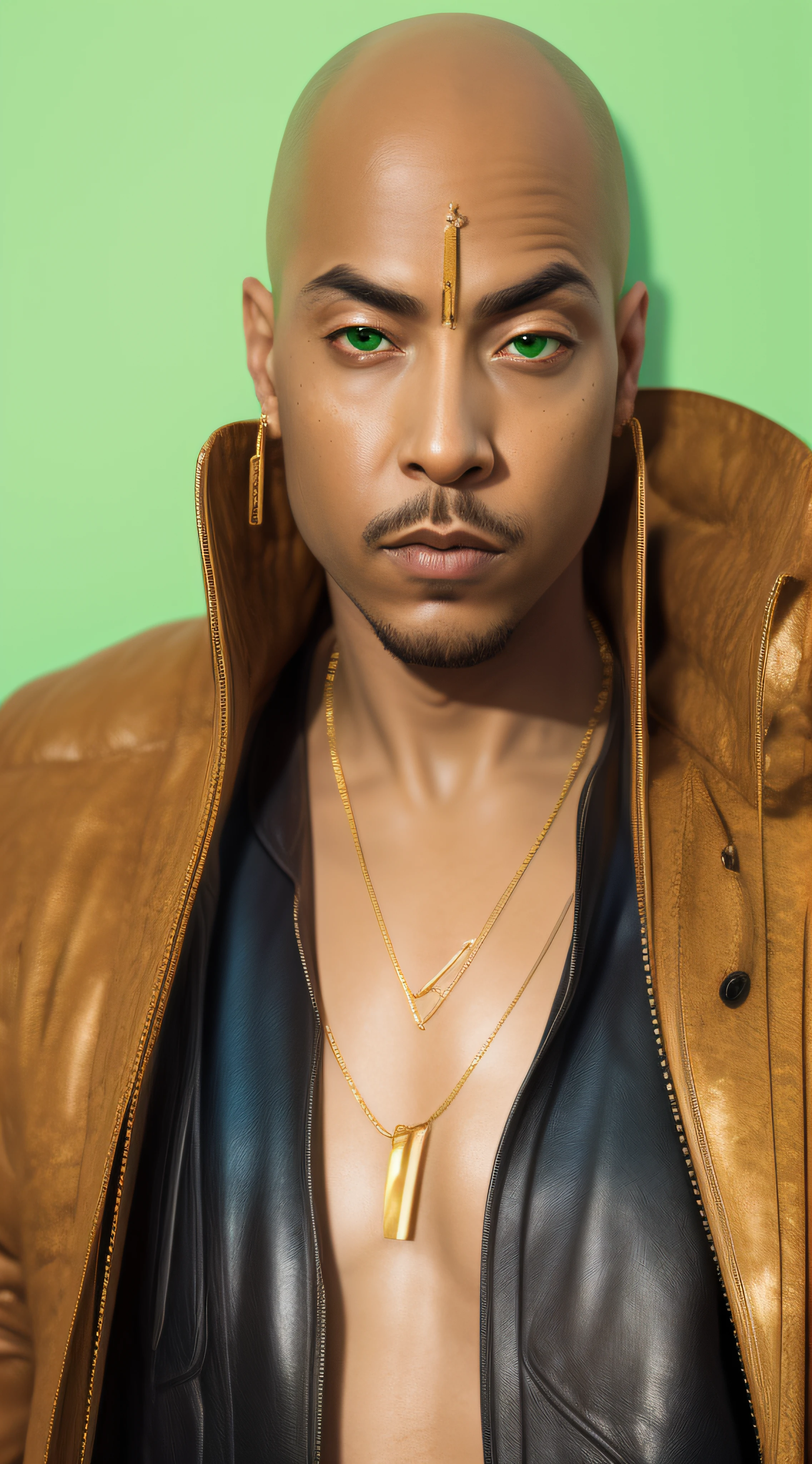 1rapper with Bald hair, T Pose, Green background, modern luxury designer cloths (Gucci) (Fendi) (H R Gigger), High End Luxury Fashion, Lots of GOld Chains Jewelry and Diamonds, fog, detailed and realistic image, amazing composition with vintage scenery with abstract shapes, abstract minimalist background with tentacles, melt, drip, yoshitomo nara:1.5, wes anderson:1.3, new casualism, retro, minimalism,BiopunkAI