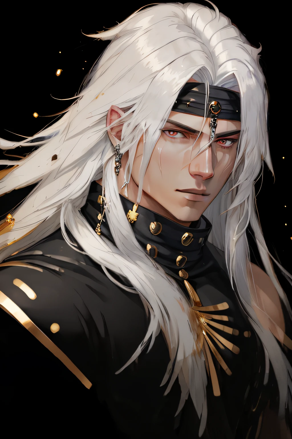 "Best quality, masterpiece, 1 boy with long white hair, white eyes, wearing a black beaded bracelet, shirtless showing his muscles, adorned with a gold gauntlet, set against a portrait-style composition with an abstract background."