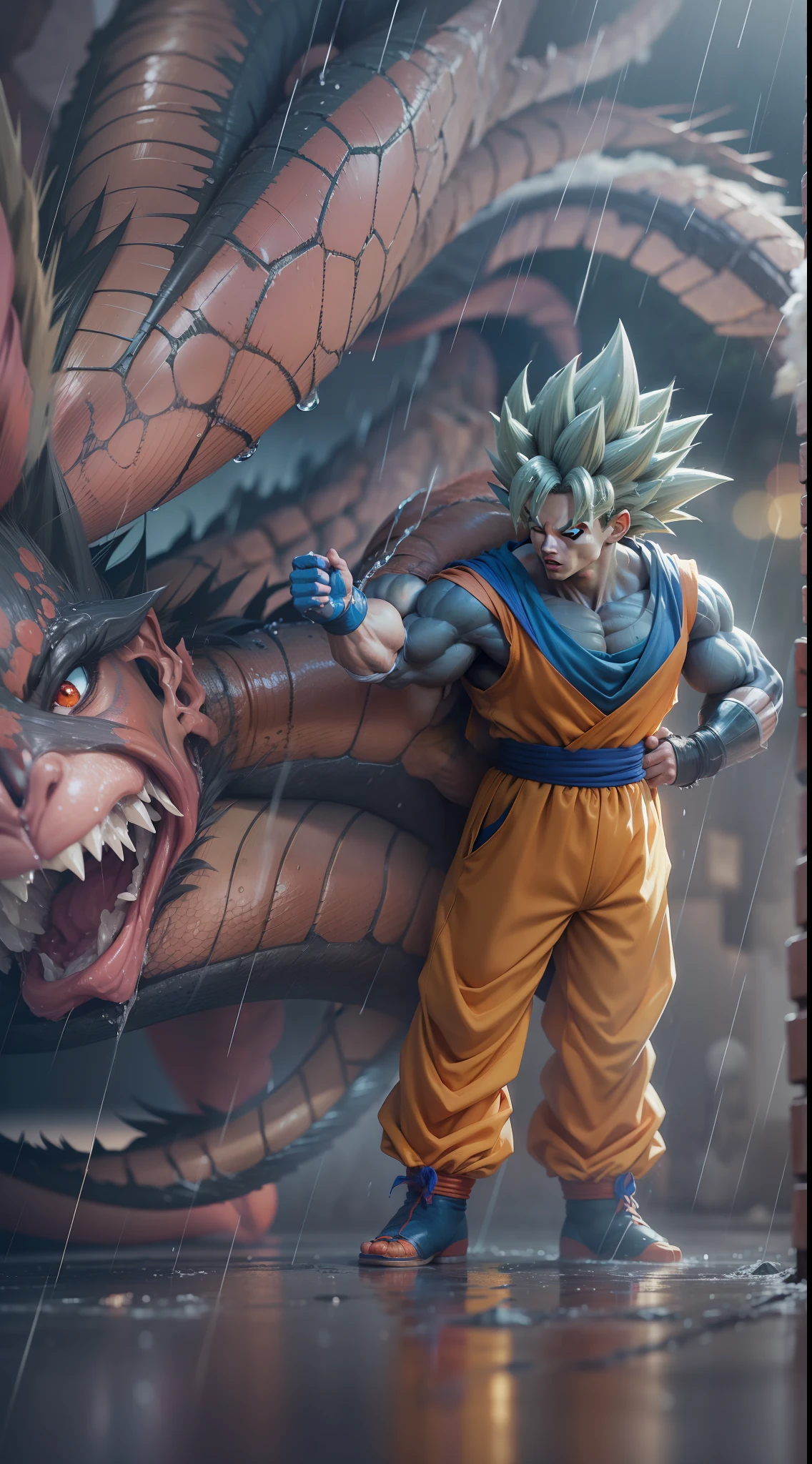 dragon ball super goku and chichi, kissing, super strong, muscular, raining, 35mm lens, photography, ultra details, precise texture details HDR, UHD,64K,