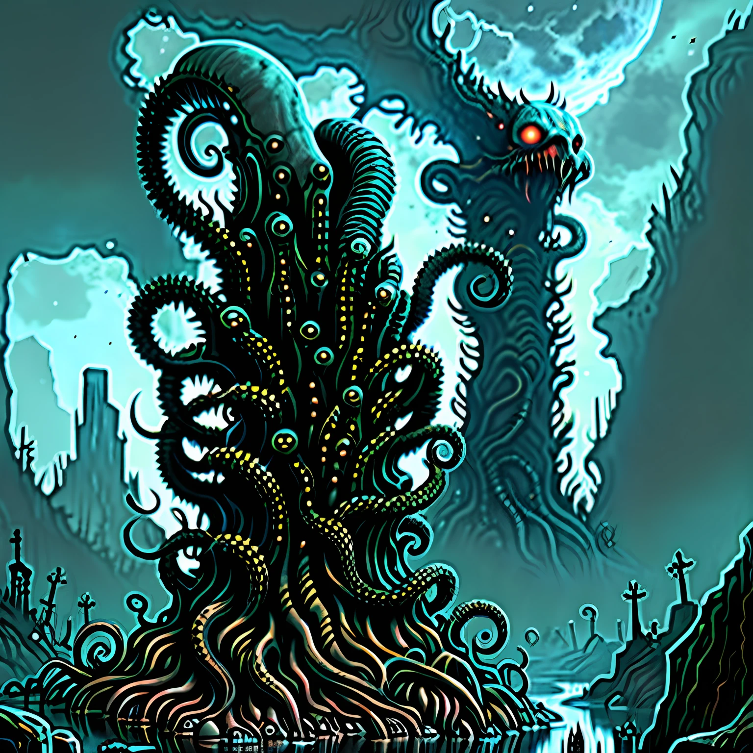 Madness evil landscape. Tentacles rising from the abyss, polluted river, macabre cemetery, bloody moon, unreal engine, UHD sketch color drawing