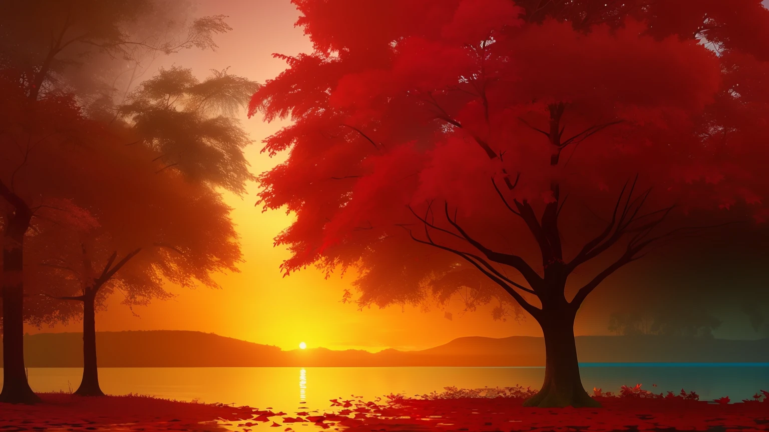 Duas sirulheta de elefantes, Two trees in the water with red leaves on them, imagem de arte digital, dream scenery art, digital landscape art, scenery artwork, Tons de Azure e Vermelho, arte digital muito bonita, reflexos vermelhos e azuis, linda arte digital linda, dreamlike digital painting, bela arte digital, Bela arte UHD 4K, Pintura Digital Art, pintura digital brilhante, landscape art