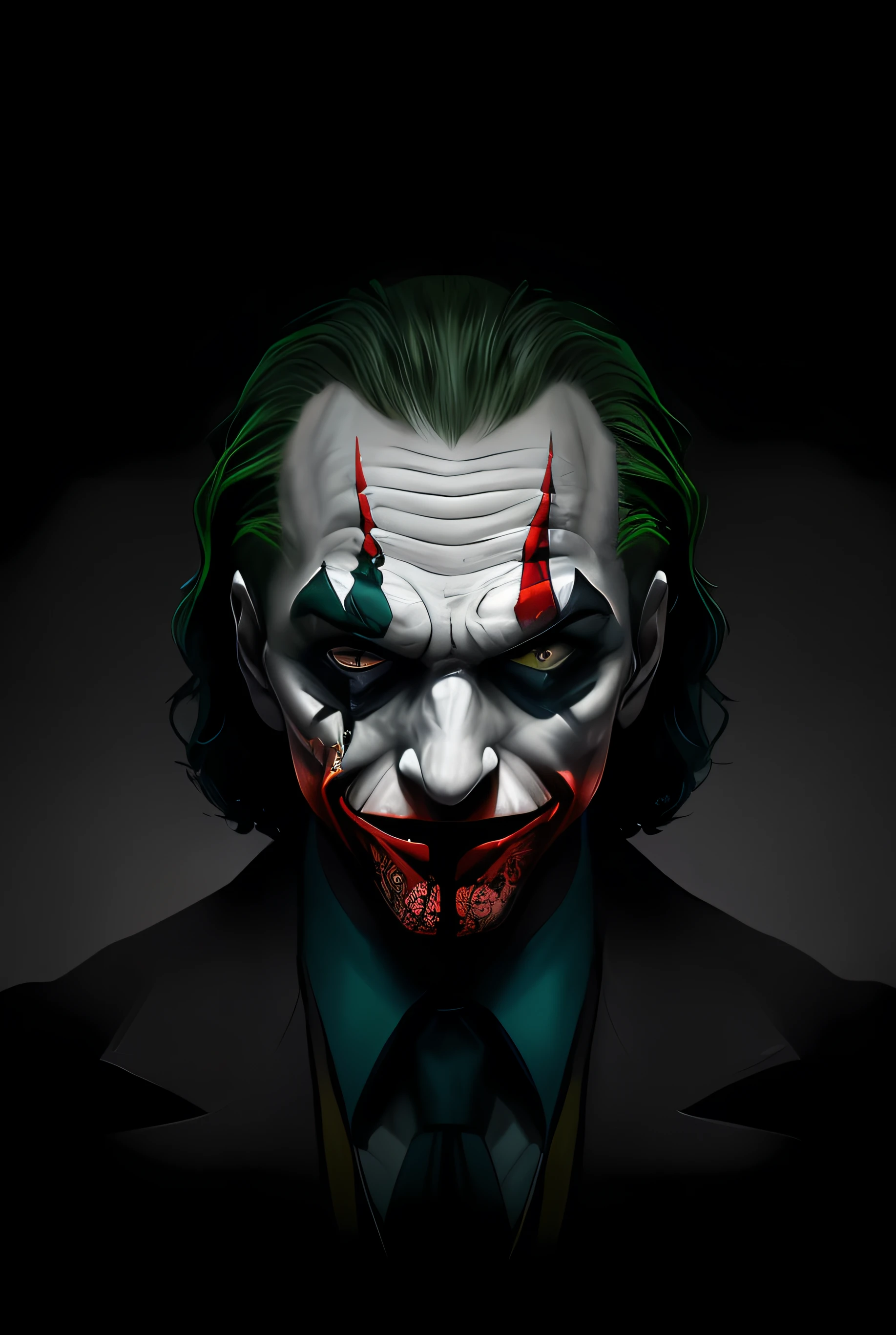 um close up de um rosto coringa com cabelo verde e um terno, Retrato do Coringa, Retrato do Coringa, Retrato de um Coringa, sorriso coringa, O Coringa, coringa, Iconic character of high detail, Coringa grotesco, Coringa se parece com Naruto, portrait death clown, Walter White como Coringa, Batman como o Coringa, inspirado em Sam Spratt, 2 d cg |