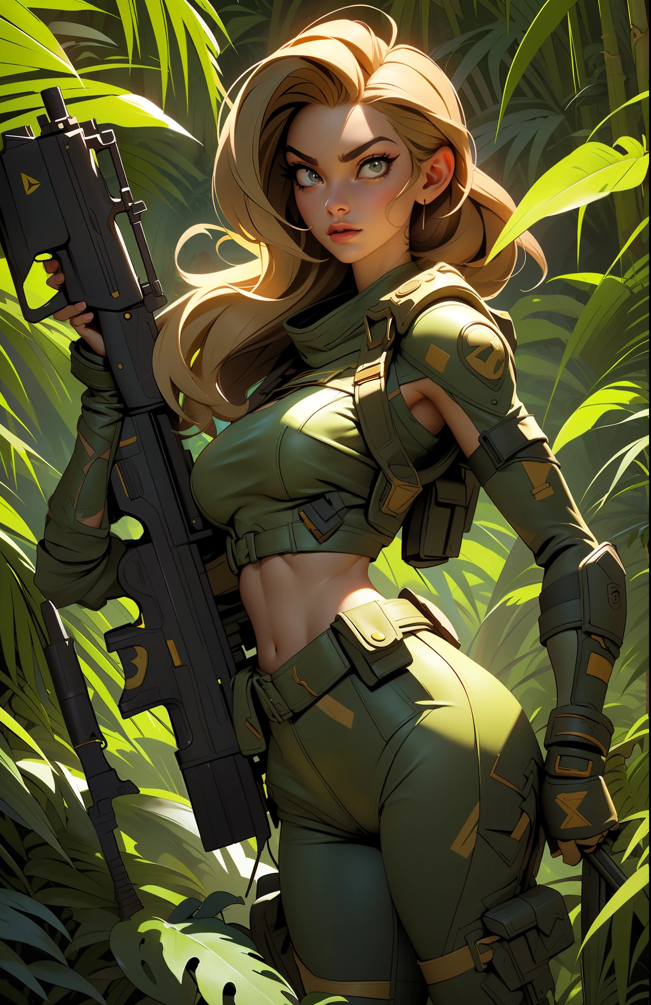 Gorgeous and fearless female soldier, fit body, military cropped top, bare shoulders, dark blond hair, tattoo arm, holding big gun,((( running pose))), looking at distance, sun rays, (((jungle background))), full detail face,  killing eyes, high detail, realistic, photo quality, high quality,  (photorealistic:1.6), highly detailed, masterpiece, High-quality shadow,