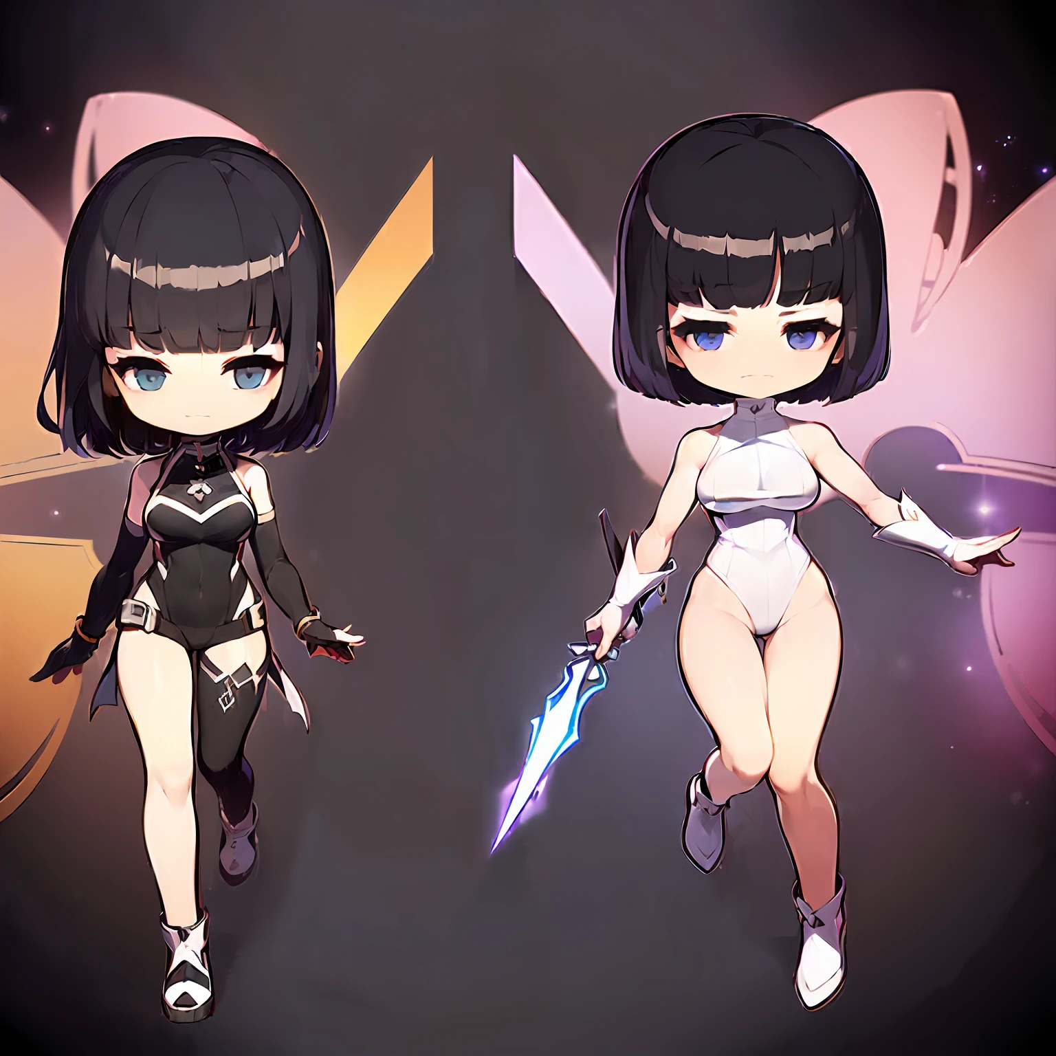 （CharacterDesignSheet:1.8)，(Same character full body:1.8)，(frontage:1.8)，(Lateral face:1.8)，(on  back:1.8)，(hyper HD:1.5)，(Super accurate:1.5)，(The is very detailed:1.8)，(超高分辨率:1.5)，(hyper-high detail:1.5)，(Ultra high quality:1.5)，(best qualtiy:1.5)，(4k画质:1.5)，(8K quality:1.5)，(No background:1.8)，(Remove the background:1.8)，（Without background：1.7），1 girl，(with short black hair:1.3)，(Delicate eyes：1.3)，Be red in the face，is shy，（Wear a suit of armor，Armed with a spear:1.5)，medium boob，（Ultra-thin legs：1.5），(Q version of cartoon:1.8)，(Side of the character:1.8)，(4 Cephalic body：1.5)，（30° side viewing angle：1.7），（Full body characters：1.9）