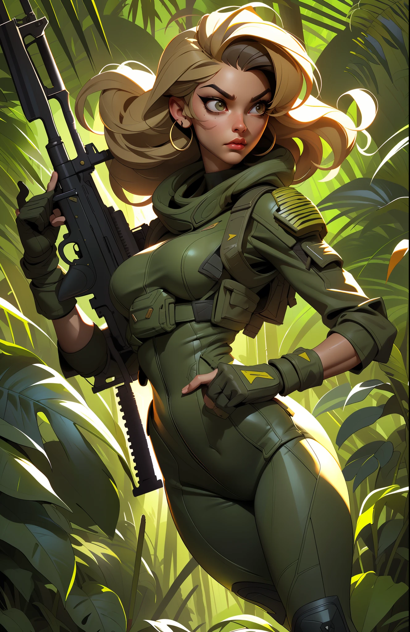Gorgeous and fearless female soldier, fit body, military cropped top, bare shoulders, dark blond hair, tattoo arm, holding big gun,((( running pose))), looking at distance, sun rays, (((jungle background))), full detail face, killing eyes, high detail, realistic, photo quality, high quality, (photorealistic:1.6), highly detailed, masterpiece, High-quality shadow,