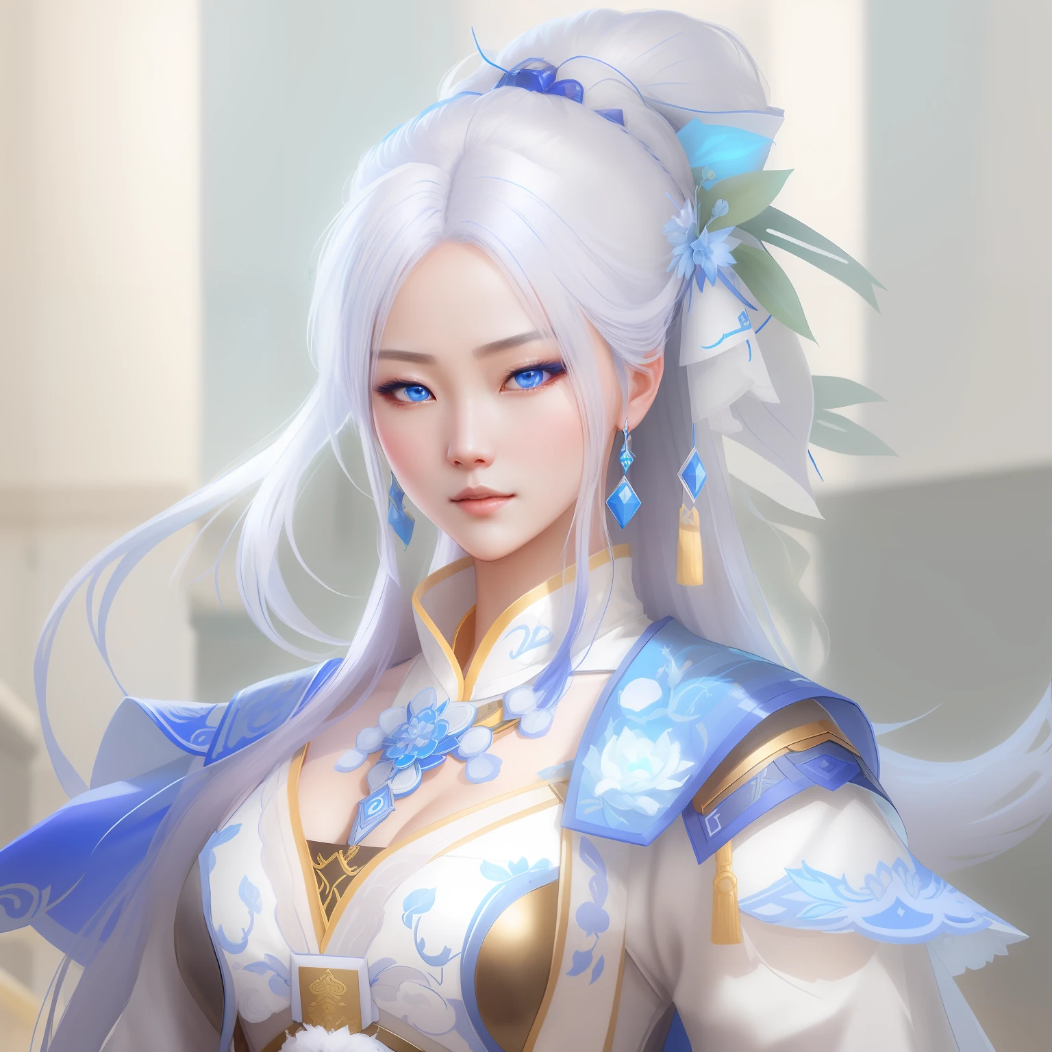 a close up of a woman in her 30's, with blue eyes and white hair, wearing a white and blue ball gown dress, a heroine in wuxia style, with blue eyes, martial artist holding a sword, standing in a chinese monastary, new costume concept design, in the style of blade and soul, full body character concept, detailed character design, inspired by Yang Jin, inspired by Li Mei-Shu, chinese costume, inspired by Lan Ying, inspired by Sim Sa-Jeong, inspired by Li Tang, lunar themed attire, costume with blue accents, inspired by Ju Lian, colored concept art, highly detailed character design, highly detailed face, inspired by Ai Xuan, very highly detailed face, unreal engine render, final fantasy 14 style, inspired by Leng Mei