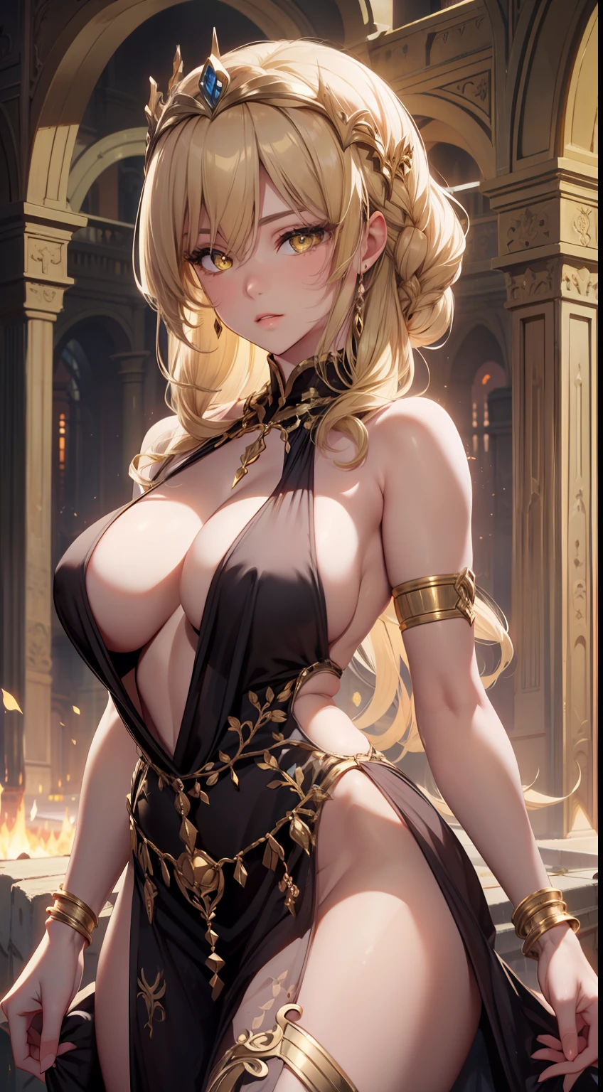 ((Best quality)), ((masterpiece)), ((realistic)), ((detailed)), beautiful, marika, queen marika, black dress, plunging neckline, blonde hair, yellow eyes, breast curtains, pelvic curtain, sexy, sensual.