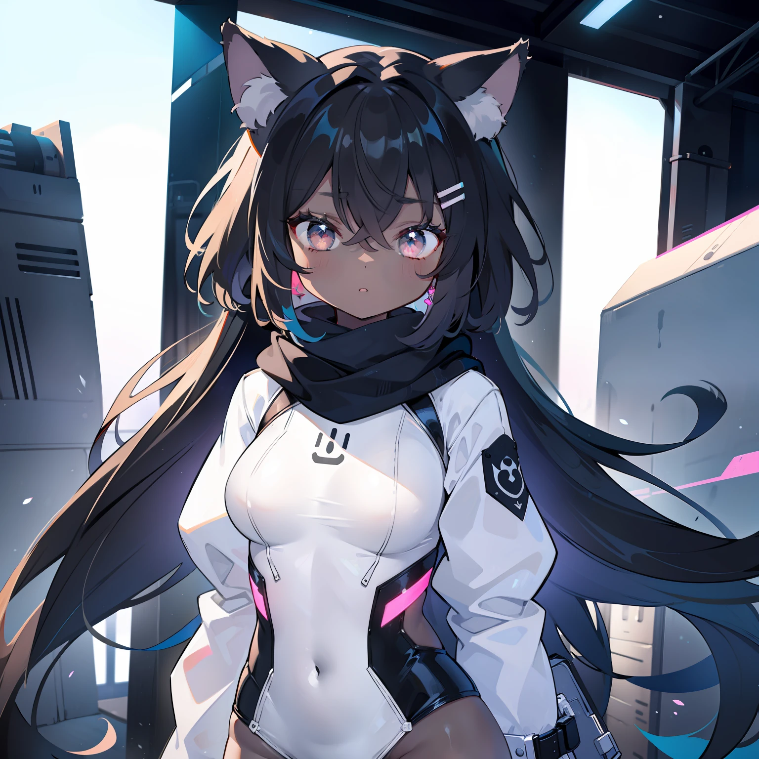 "A single girl with cat ears and dark skin, dressed in a sleek white bodysuit adorned with an oversized neon scarf. Her captivating black eyes."