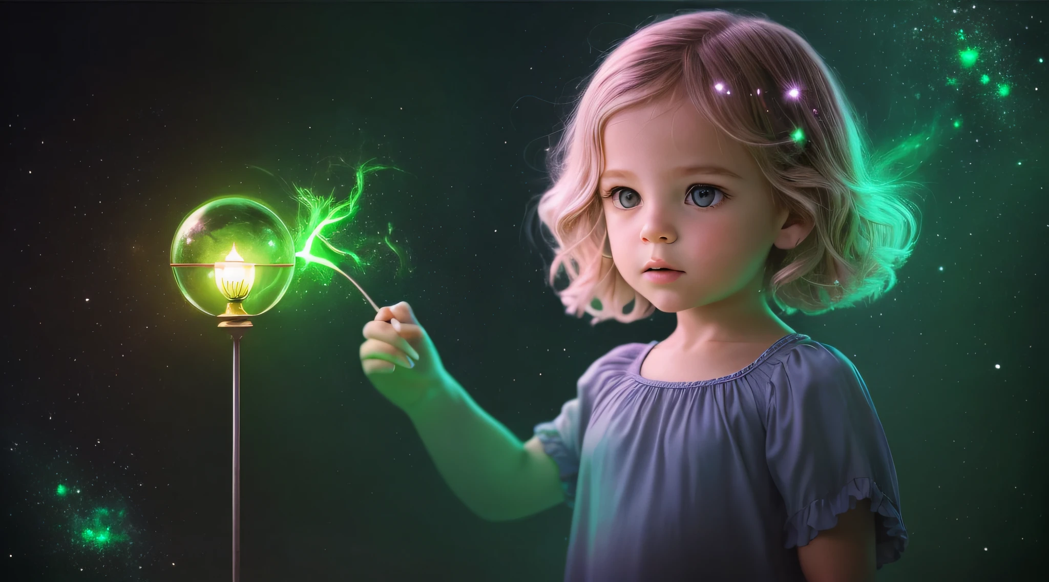 There's a S KIDS BLONDIES holding a lamp in her hand, verde brilhante, brilho verde, green lighting, brilho verde, photo manipulation, Magia Verde, he is casting a lighting spell, luz verde, energia verde, neon verde, Aura verde, littlemagical powers, amazing color photograph, Luz ambiente verde, brilho radioativo verde, photo - manipulation, amazing photo