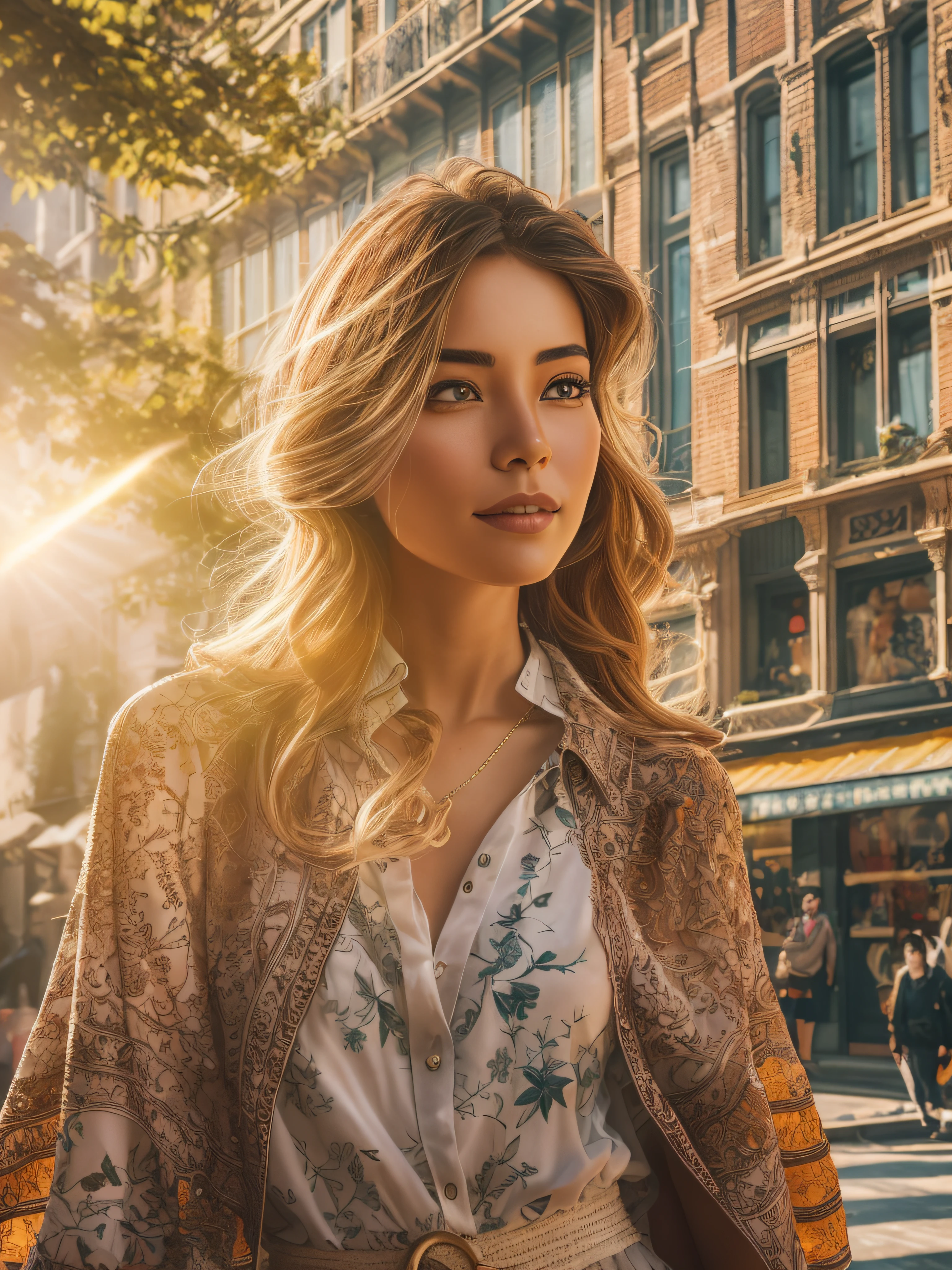 detailed face, A stunning photograph of a fashionable lady walking down a sunny street in a bustling city, captured in a naturalistic style by photographers Sam Yang and Ross Tran. The scene is highly-detailed, with intricate textures on the lady's clothing and sharp focus on the surrounding buildings. The lighting is bright and optimistic, with the sunlight creating a warm glow and a sense of hope and positivity,