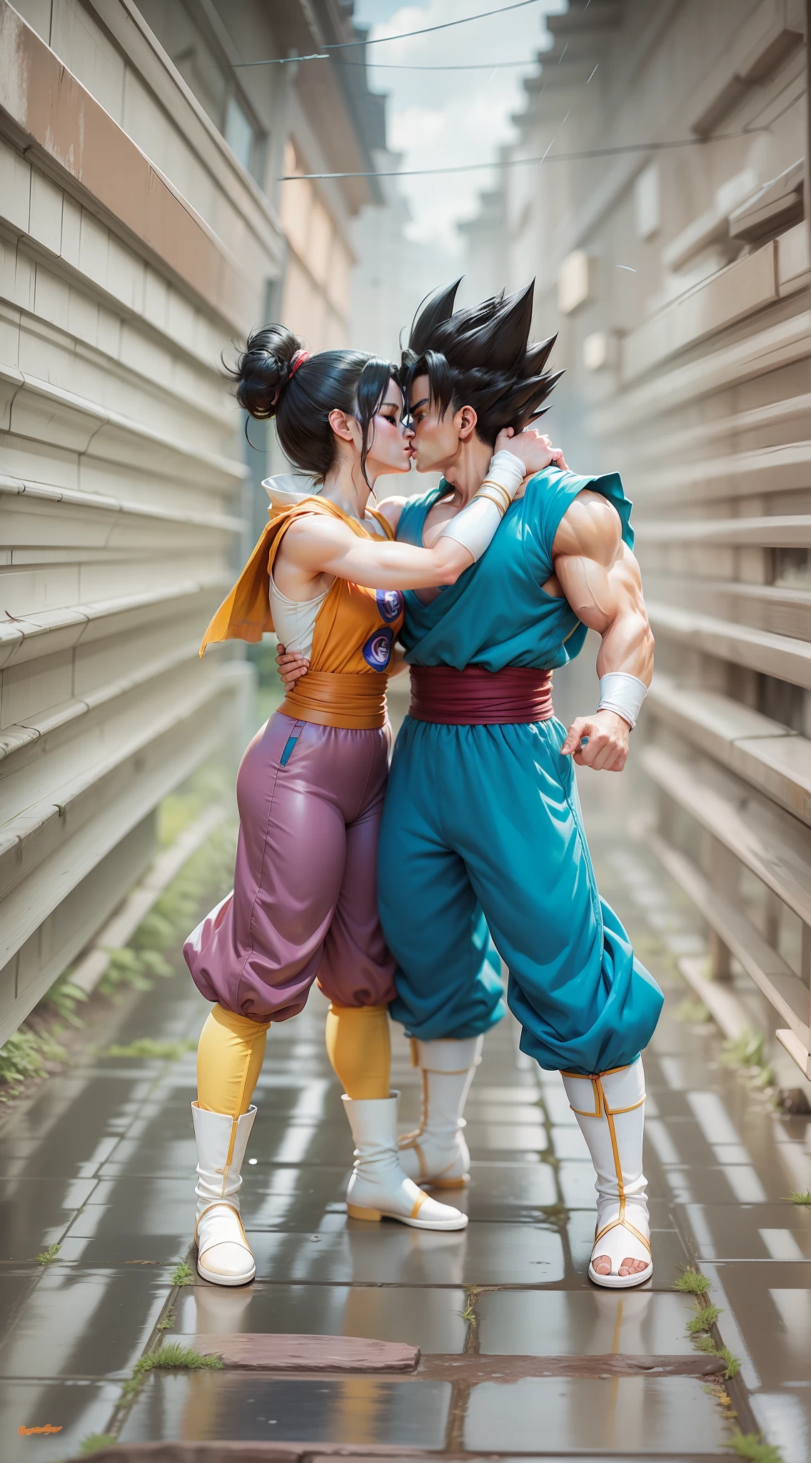 dragon ball super gohan and videl,  kissing, super strong, muscular, raining, 35mm lens, photography, ultra details, precise texture details HDR, UHD,64K,