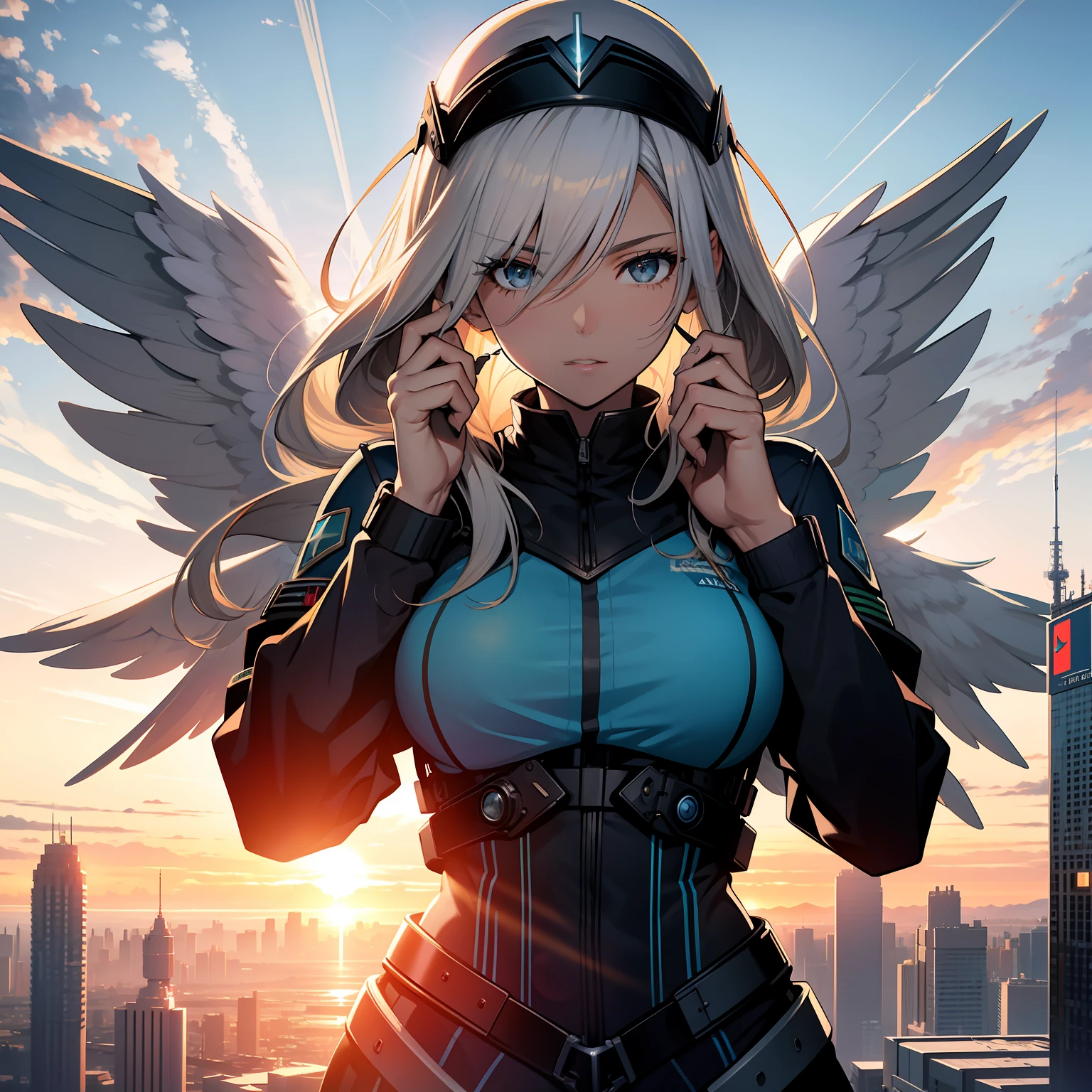 valkyrie, cabelos brancos, lenneth, valkyrie profile, olhos azuis, uniforme policial branco, cyberpunk, Capacete With wings, com duas asas brancas, Reaching for Viewer, in a sky, Sunset, 4k, boa anatomia
