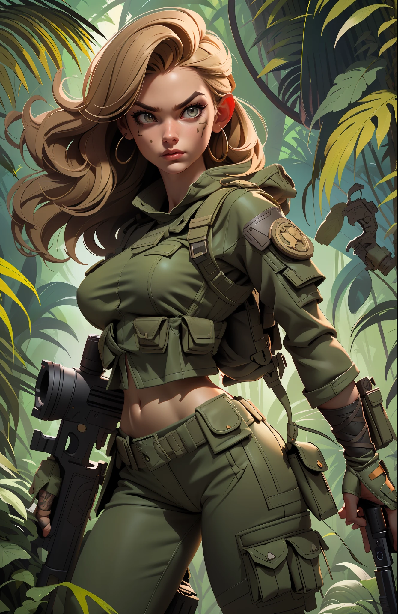 Gorgeous and fearless female soldier, fit body, military cropped top, bare shoulders, dark blond hair, tattoo arm, holding big gun,((( fighting pose))), looking at distance, sun rays, (((jungle background))), full detail face,  killing eyes, high detail, realistic, photo quality, high quality,  (photorealistic:1.6), highly detailed, masterpiece, High-quality shadow,