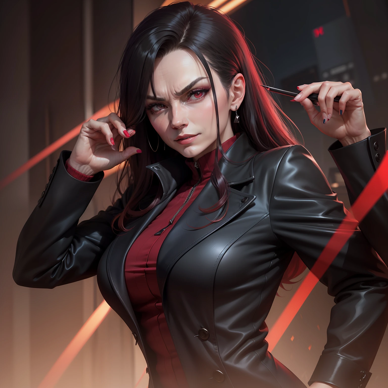 Realistic image of a mature adult woman wearing black overcoat and crimson dark red shirt with an evil and mischievous expression, Traidora, Estilo futurista, visto da cintura para cima, Foto realista, 4k, extreme res, ultra high-resolution, dynamic  lighting, personagem realista