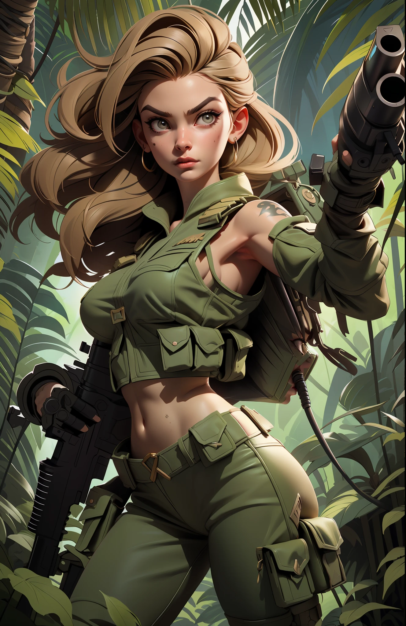 Gorgeous and fearless female soldier, fit body, military cropped top, bare shoulders, dark blond hair, tattoo arm, holding big gun,((( fighting pose))), looking at distance, sun rays, (((jungle background))), full detail face, killing eyes, high detail, realistic, photo quality, high quality, (photorealistic:1.6), highly detailed, masterpiece, High-quality shadow,