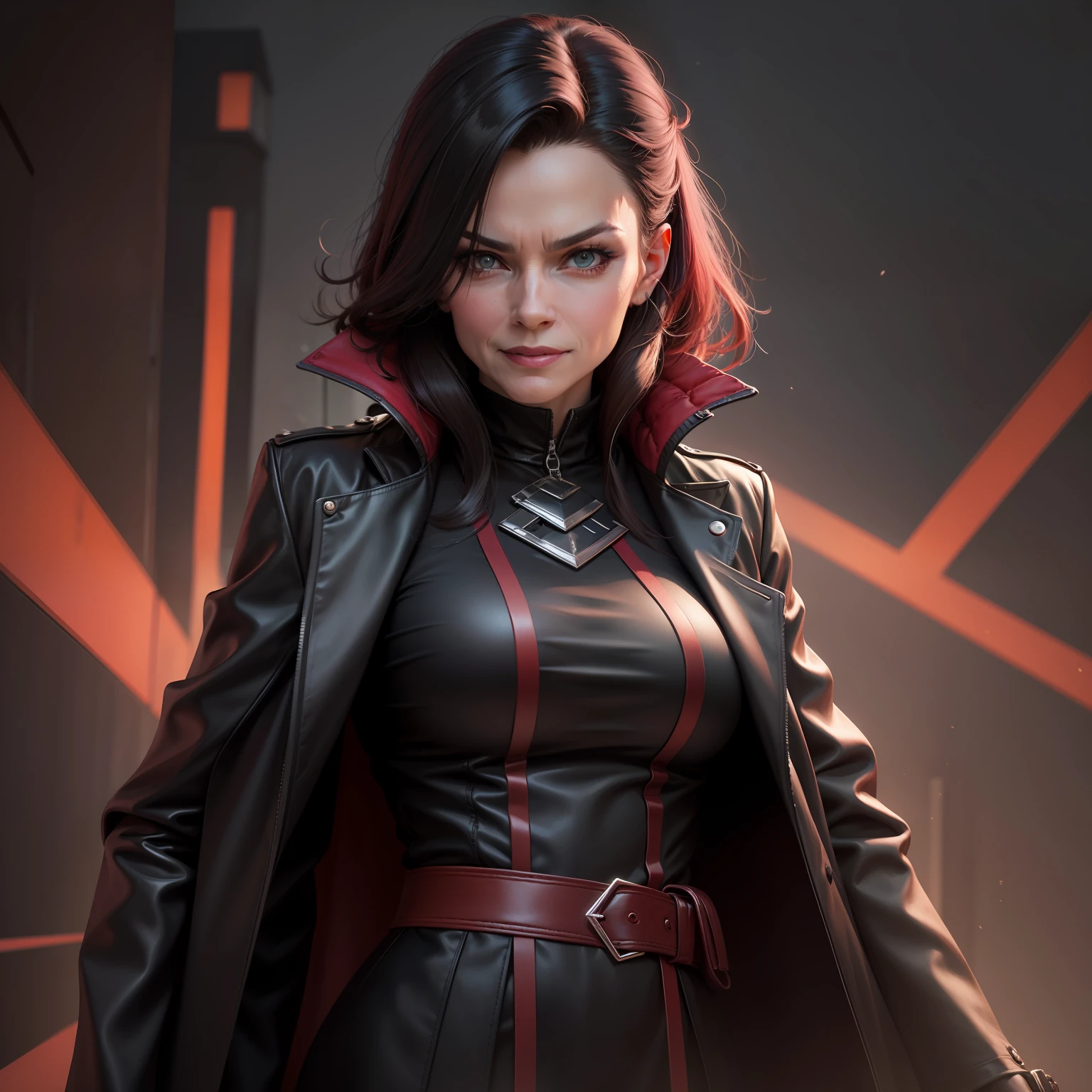 Realistic image of a mature adult woman wearing a black overcoat and crimson dark red shirt with a mischievous and mischievous expression, Traidora, Estilo futurista, visto da cintura para cima, Foto realista, 4k, extreme res, ultra high-resolution, dynamic lighting, personagem realista