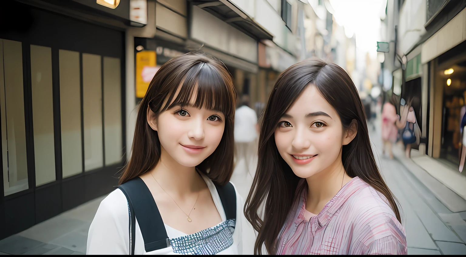 2 japonesas lindas com rosto angelical de saia curta e decote no meio da rua sorrindo posando