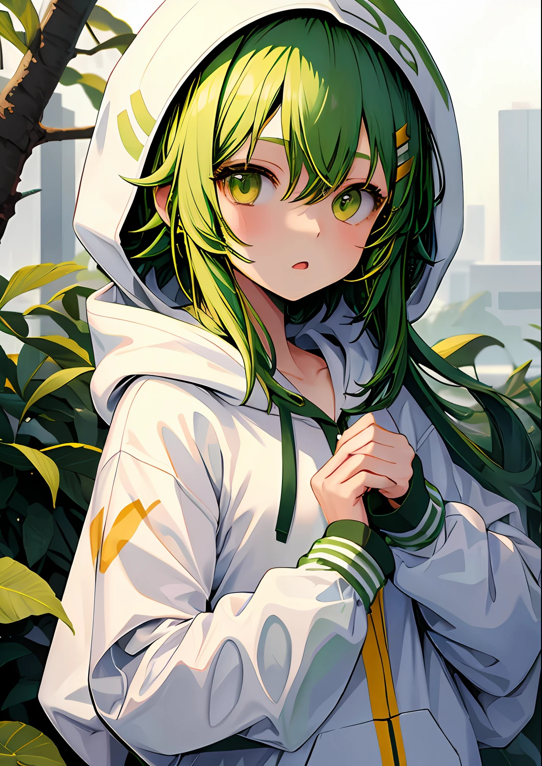 1girl in, Upper body, light green hair, White hoodie,GUMI