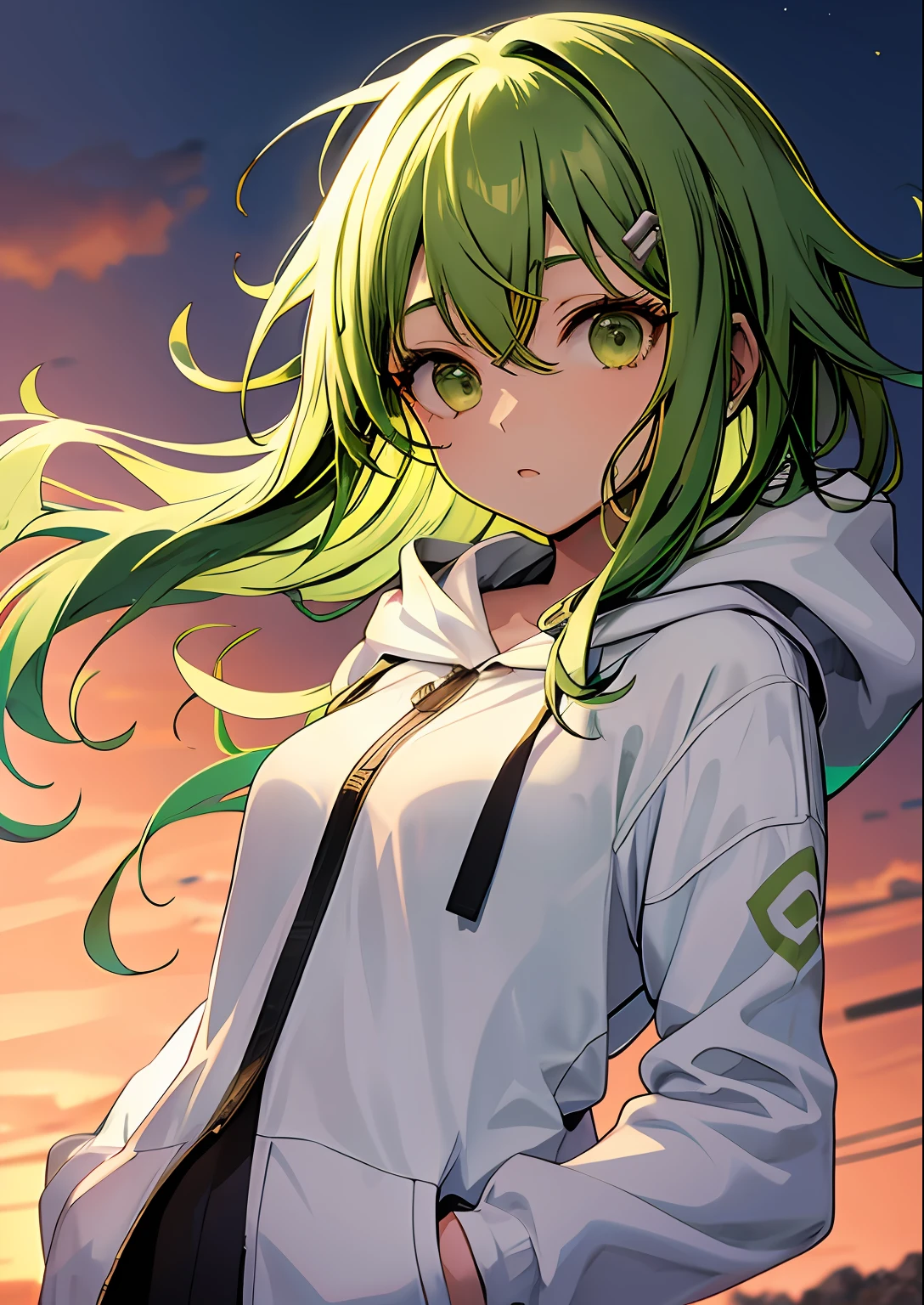 1girl in, Upper body, light green hair, White hoodie,GUMI