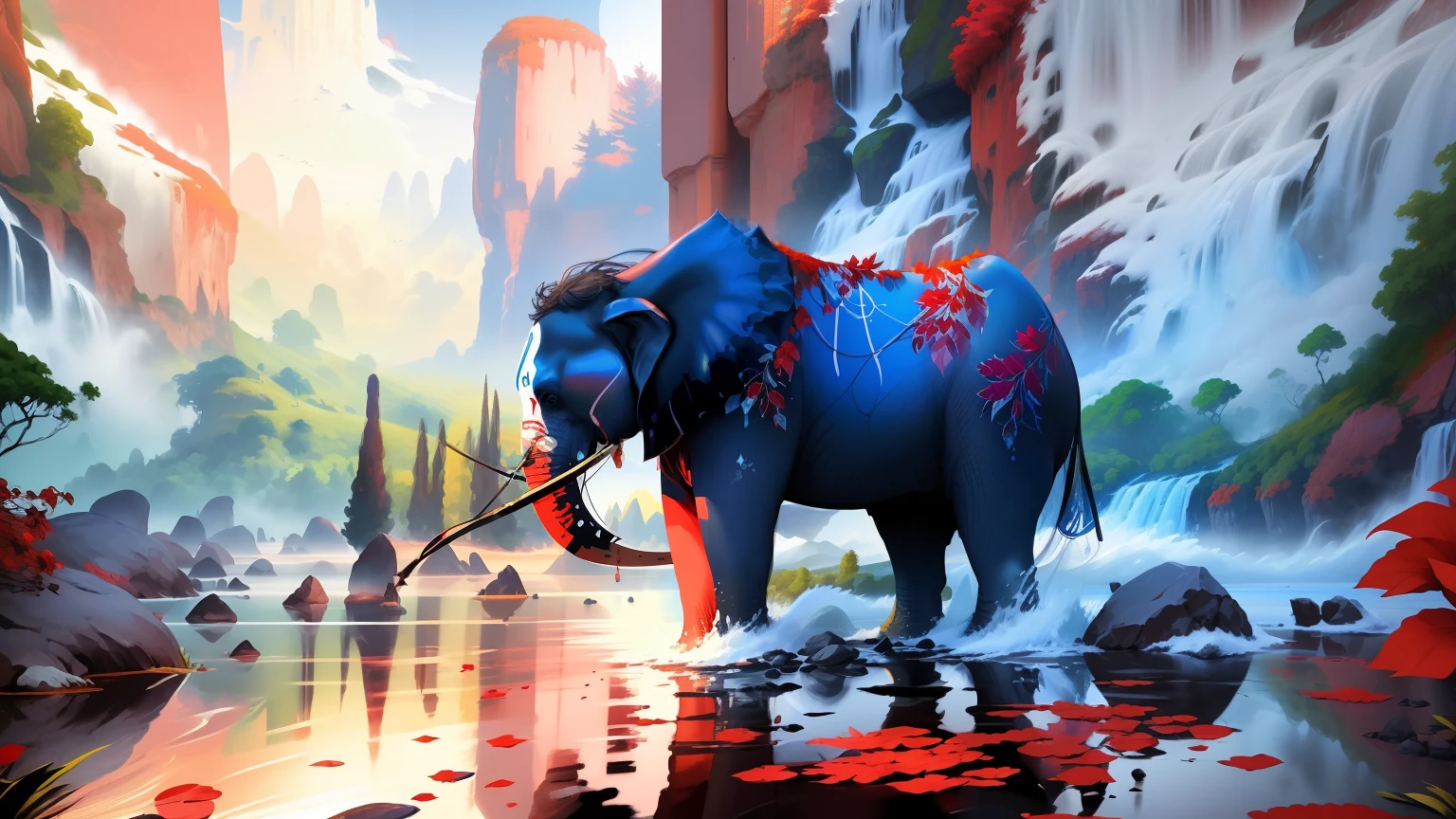 Duas sirulheta de elefantes, Two trees in the water with red leaves on them, imagem de arte digital, dream scenery art, digital landscape art, scenery artwork, Tons de Azure e Vermelho, arte digital muito bonita, reflexos vermelhos e azuis, linda arte digital linda, dreamlike digital painting, bela arte digital, Bela arte UHD 4K, Pintura Digital Art, pintura digital brilhante, landscape art