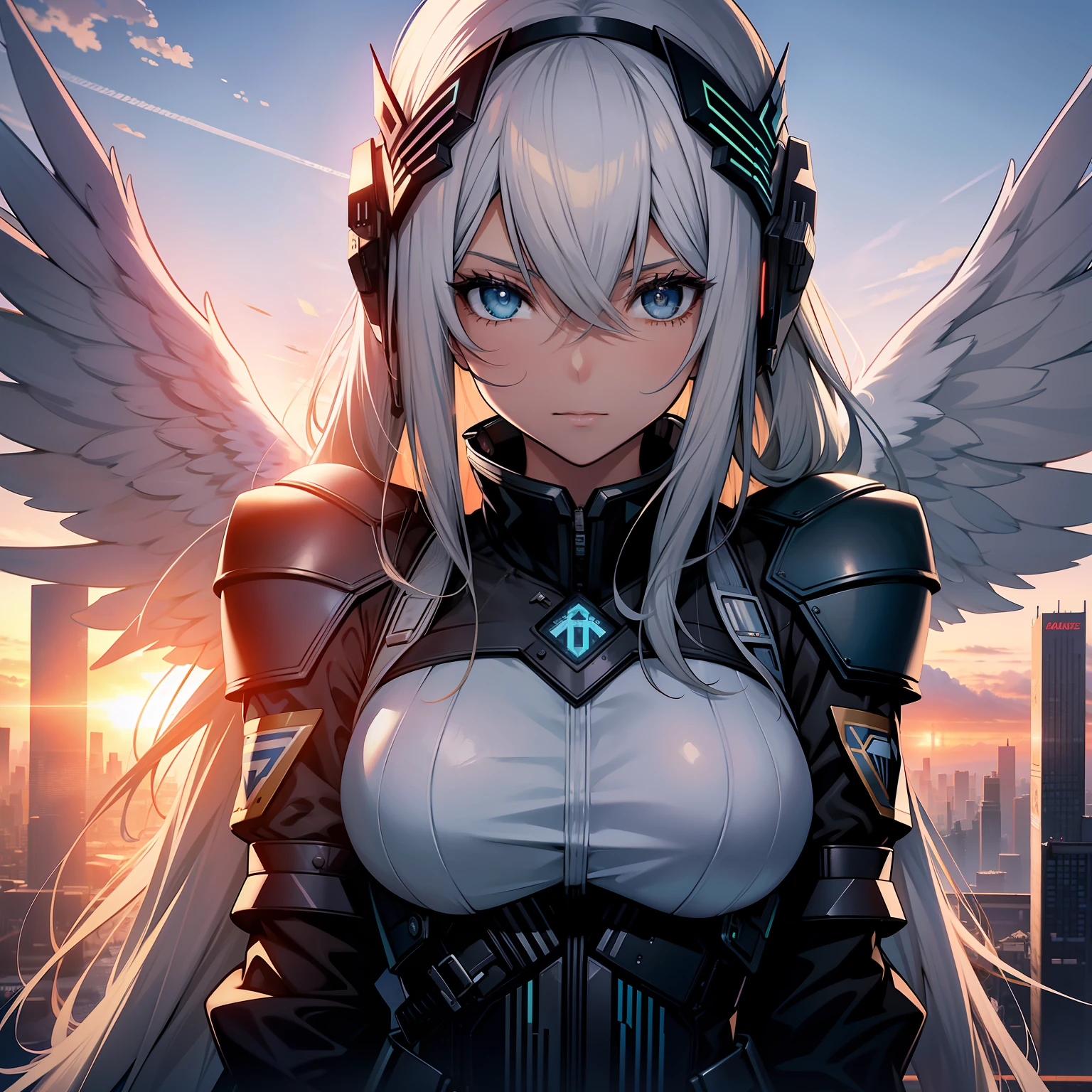 valkyrie, cabelos brancos, lenneth, valkyrie profile, olhos azuis, uniforme policial branco, cyberpunk, Capacete With wings, com duas asas brancas, reaching out to the visualisadorr, in a sky, Sunset, 4k, boa anatomia