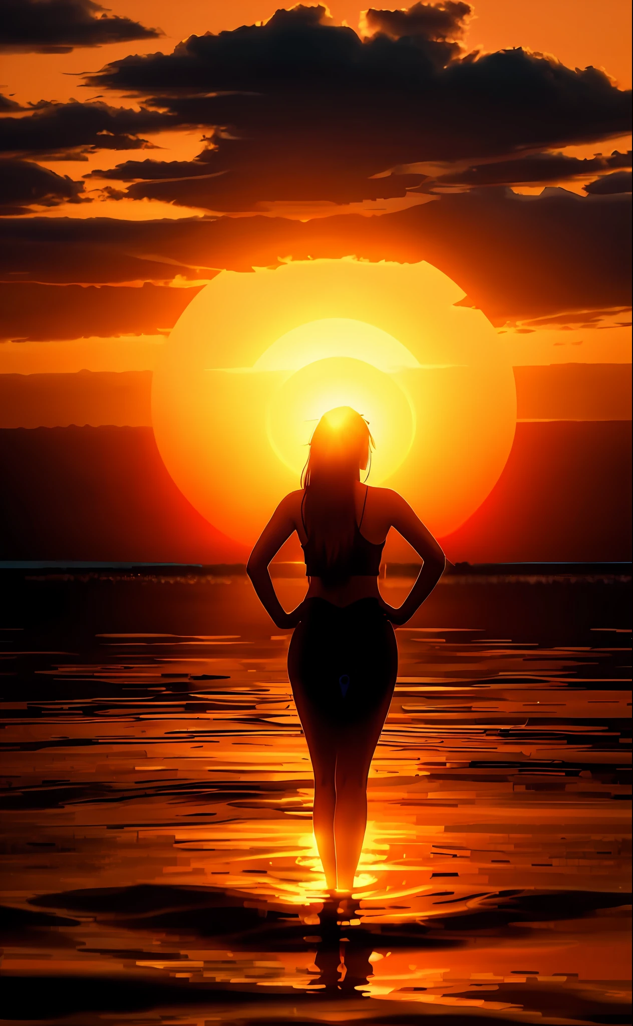 arafed woman standing in the water at sunset with her hands on her hips, beautiful female body silhouette, perfect female body silhouette, silhouette over sunset, woman silhouette, with a sunset, at a beautiful sunset, the girl and the sun, girl watching sunset, single silhouette figure, sunrise, looking at sunset, sun behind her, at the sunset, sunburst behind woman