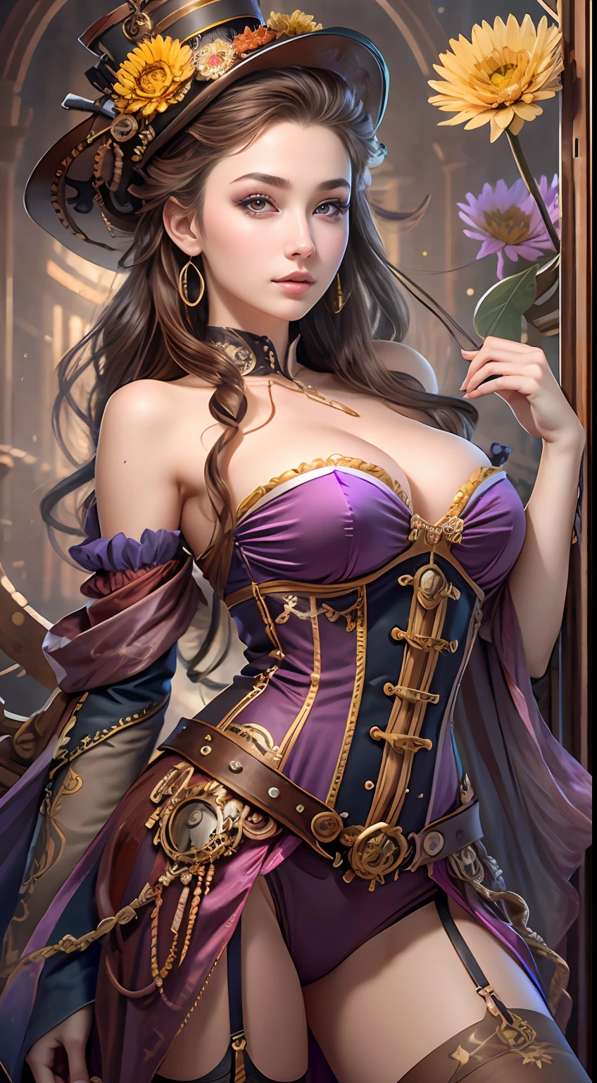 Bestquality,a masterpiece,Ultra-detailed high resolution,(Vivid:1.4),RAW Photos,,illustartion,1girle,(Solo exhibition:1.2),(Cowboy lens:1.2),(Hair crown:1.2),Traditional steampunk costume, intricate steampunk top hat,strapless,(Red eyeliner:1.2),(Black eyes:1.4),earings,Dynamic angle,steampunk,messy_long_hair,ink,Cinematic Light,lens_flare,velvet,chrysanthemum,tassels,Ribbon,Colorful embroidery,upper half body,facing the lens,Dynamic Pose,Large,purple corset and stockings
