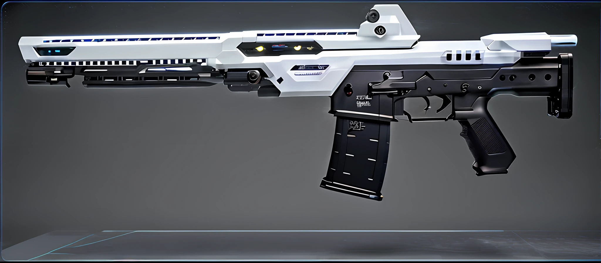 Close-up of white and black weapons with lights on, futuristic gun, futuristic assault rifle, futuristic weapon shotgun, futuristic weapon, futuristic pistol, laser rifles, laser rifles, pulse rifle, sci - fi weapon, pulse rifle, gauss rifle, With a sci-fi rifle, energy rifle, realistic gun design, laser rifles, Weapon design, realistic weapons