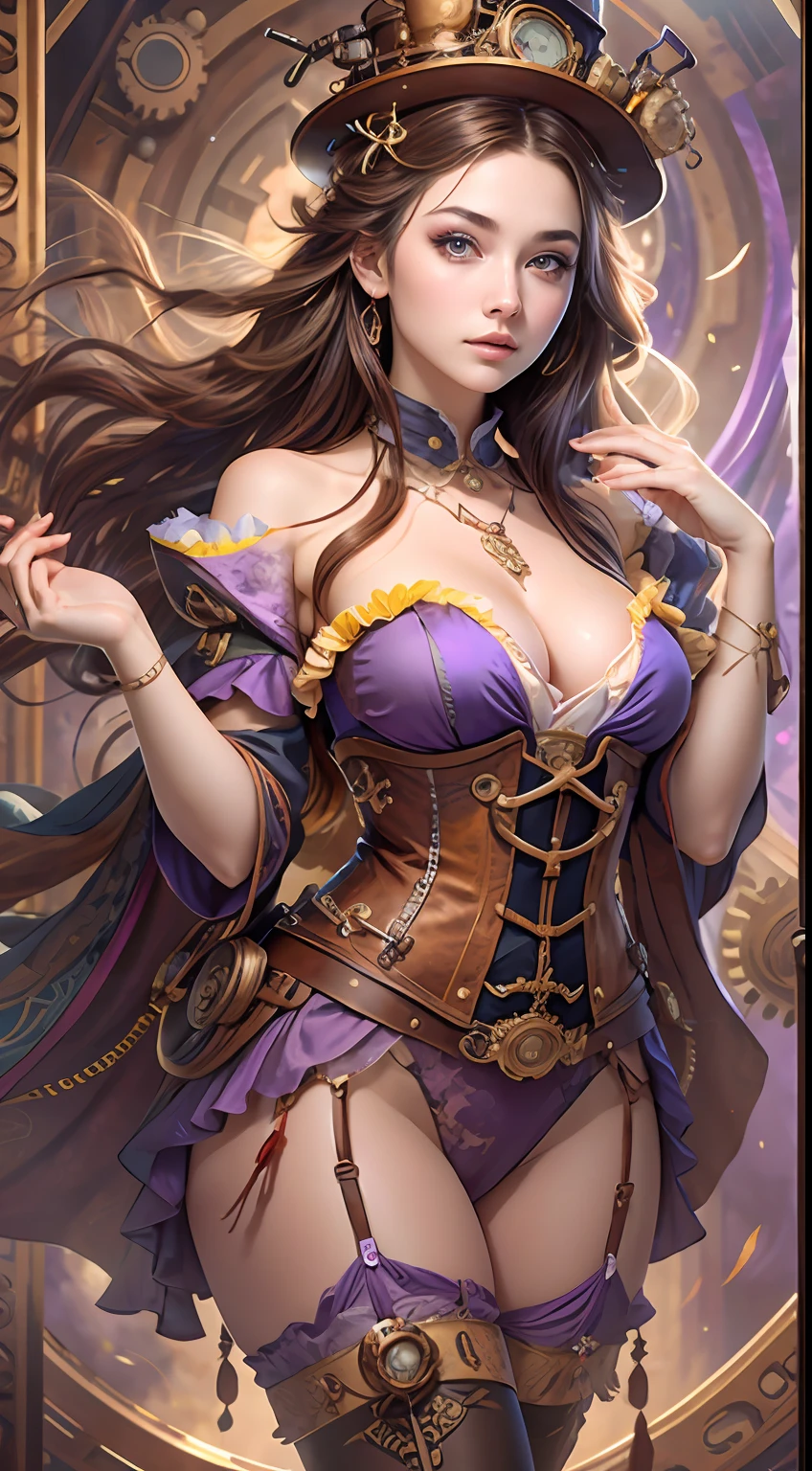 Bestquality,a masterpiece,Ultra-detailed high resolution,(Vivid:1.4),RAW Photos,,illustartion,1girle,(Solo exhibition:1.2),(Cowboy lens:1.2),(Hair crown:1.2),Traditional steampunk costume, intricate steampunk top hat,strapless,(Red eyeliner:1.2),(Black eyes:1.4),earings,Dynamic angle,steampunk,messy_long_hair,ink,Cinematic Light,lens_flare,velvet,chrysanthemum,tassels,Ribbon,Colorful embroidery,upper half body,facing the lens,Dynamic Pose,Large,purple corset and stockings
