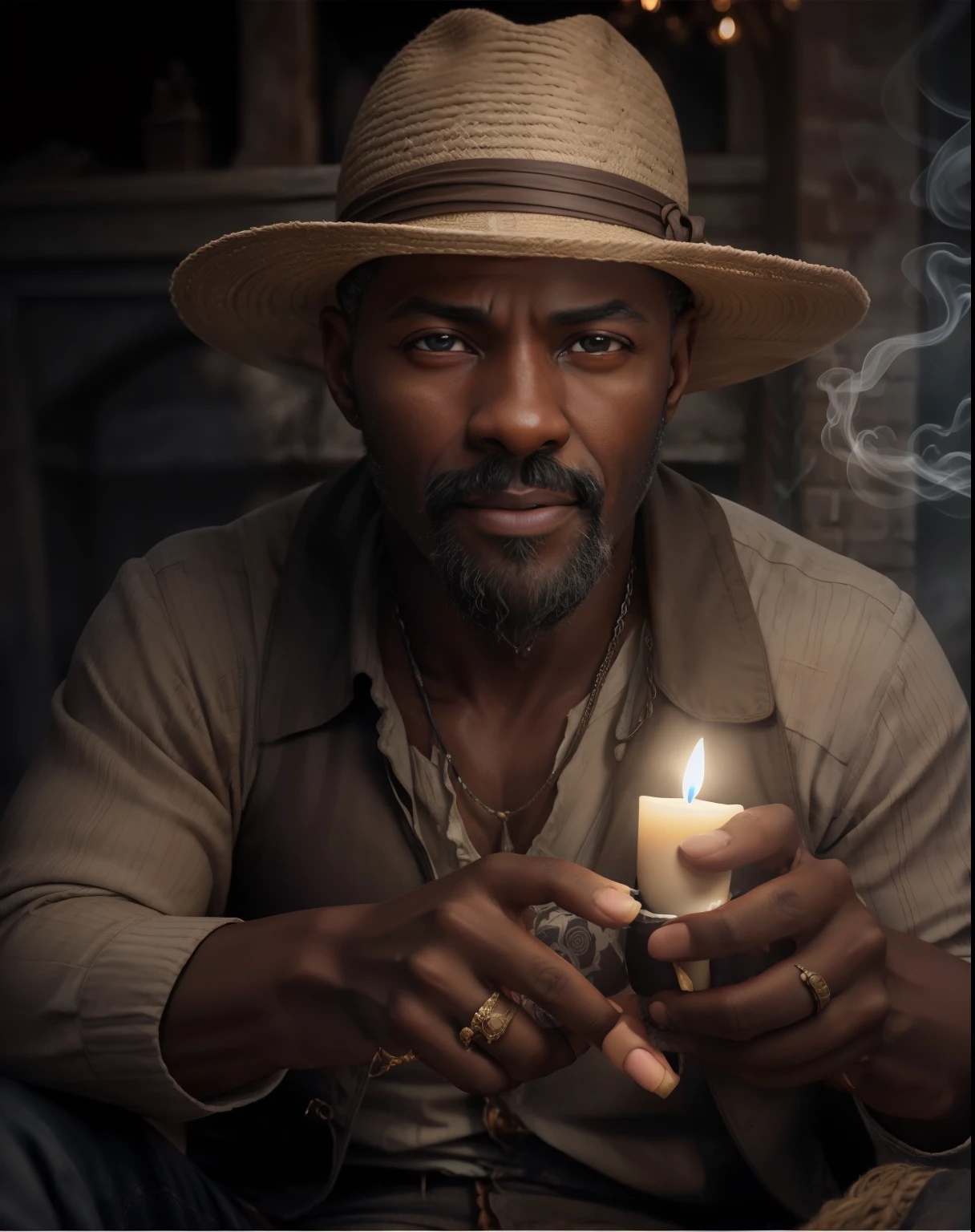 Crie uma imagem hiper realista de um homem velho afrodescendente, 100 anos, olhos brilhantes, cansados e triste, pele negra, barba grande e volumosa branca, cabelos  branco, roupa branca , Cord of seeds and teeth of animals around the neck, sitting on a small barefoot wooden bench. The decoration should be of antique brick wall with several lit candles, with candlelight lighting. Several candles lit on the floor, with a lot of smoke in an intimate and religious environment. Use a Sony A7 III camera with an 85mm lens at an aperture setting of F 1.2 para desfocar o fundo.  Richness in the features of the face, boca e olhos. Crie uma imagem ultrarrealista que captura a beleza natural e a personalidade, dramatic lighting, ..............................................3d, VFX, 9:16 cinematic lighting, Estilo Phock, Estilo UltraVector, hyper realistic, cinemactic, Ultra High Definition, HDR, cinemactic, Realistic, precision detailed (moldura para foto) cintura), imagem central, Estilo, bioluminescente, tamanho real 8, 8K resolution