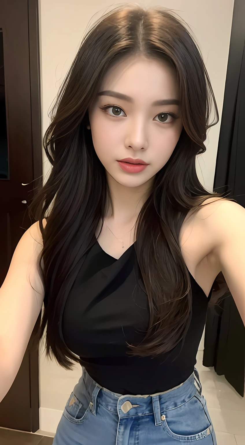((Best Quality, 8k, Masterpiece: 1.3)), Odak: 1.2, Perfect Body Beauty: 1.4, Buttock: 1.2, ((long hair)), ( Region: 1.1), (sun, Sokak:1.3), -Interior-the-Shoulder black jeans: 1.1, Highly detailed facial and skin texture, Beautiful eyes, Double eyelids, Beyaz ten, selfie, real life