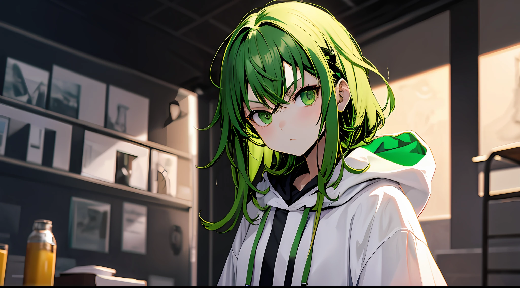 1girl in, Upper body, light green hair, White hoodie,GUMI,Dark look,Serious