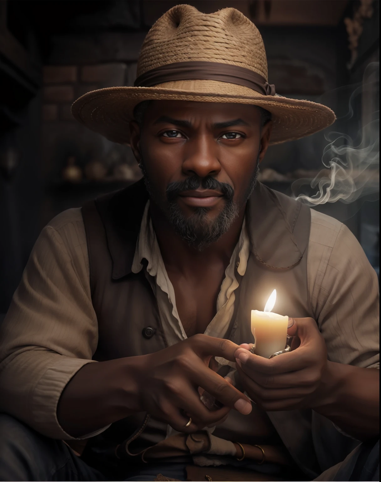 Crie uma imagem hiper realista de um homem velho afrodescendente, 100 anos, olhos brilhantes, cansados e triste, pele negra, barba grande e volumosa branca, cabelos  branco, roupa branca , Cord of seeds and teeth of animals around the neck, sitting on a small barefoot wooden bench. The decoration should be of antique brick wall with several lit candles, with candlelight lighting. Several candles lit on the floor, with a lot of smoke in an intimate and religious environment. Use a Sony A7 III camera with an 85mm lens at an aperture setting of F 1.2 para desfocar o fundo.  Richness in the features of the face, boca e olhos. Crie uma imagem ultrarrealista que captura a beleza natural e a personalidade, dramatic lighting, ..............................................3d, VFX, 9:16 cinematic lighting, Estilo Phock, Estilo UltraVector, hyper realistic, cinemactic, Ultra High Definition, HDR, cinemactic, Realistic, precision detailed (moldura para foto) cintura), imagem central, Estilo, bioluminescente, tamanho real 8, 8K resolution