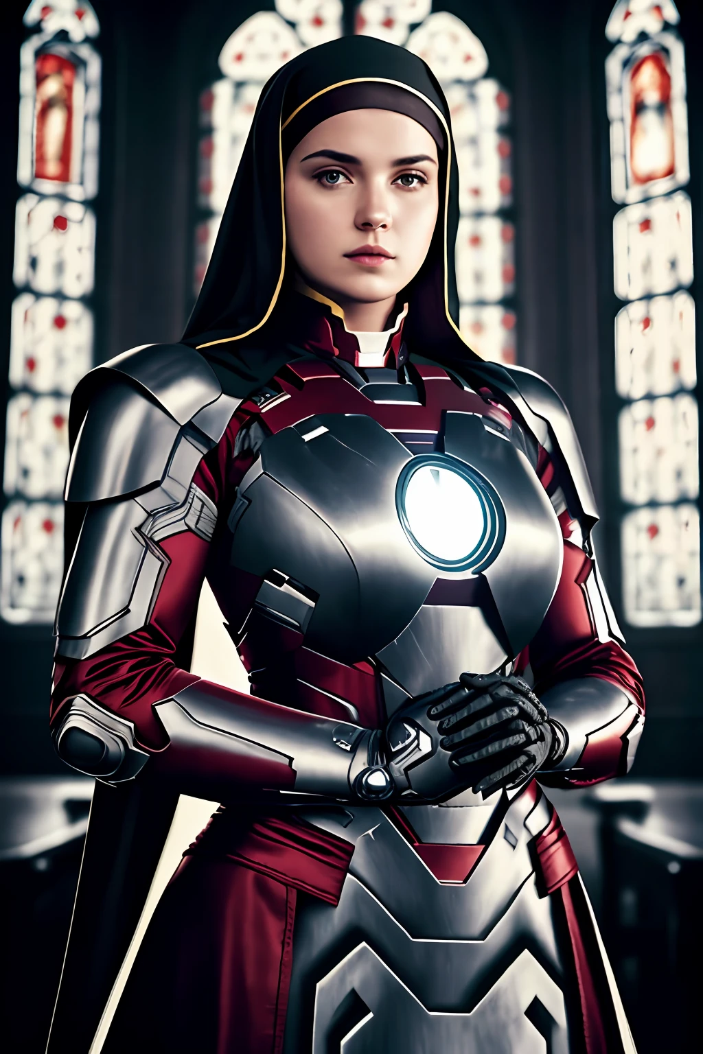 A nun wearing iron man armor, female, bust in armor, black and white color armor, nun clothes, cross on body, divine white energy, perfect hands, beautiful hands, detailed hands, 4 fingers and a thumb, church background, backlight, late, 8k, high quality, very detailed