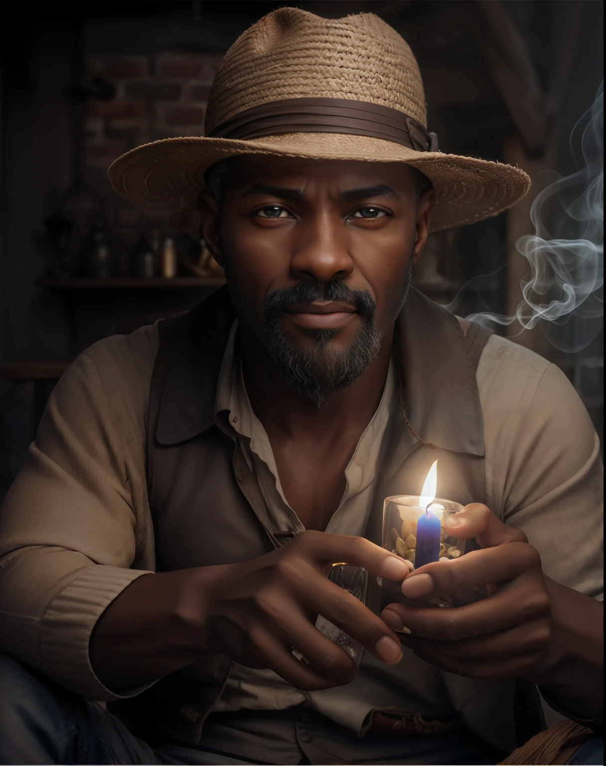 Crie uma imagem hiper realista de um homem velho afrodescendente, 100 anos, olhos brilhantes, cansados e triste, pele negra, barba grande e volumosa branca, cabelos  branco, roupa branca , Cord of seeds and teeth of animals around the neck, sitting on a small barefoot wooden bench. The decoration should be of antique brick wall with several lit candles, with candlelight lighting. Several candles lit on the floor, with a lot of smoke in an intimate and religious environment. Use a Sony A7 III camera with an 85mm lens at an aperture setting of F 1.2 para desfocar o fundo.  Richness in the features of the face, boca e olhos. Crie uma imagem ultrarrealista que captura a beleza natural e a personalidade, dramatic lighting, ..............................................3d, VFX, 9:16 cinematic lighting, Estilo Phock, Estilo UltraVector, hyper realistic, cinemactic, Ultra High Definition, HDR, cinemactic, Realistic, precision detailed (moldura para foto) cintura), imagem central, Estilo, bioluminescente, tamanho real 8, 8K resolution