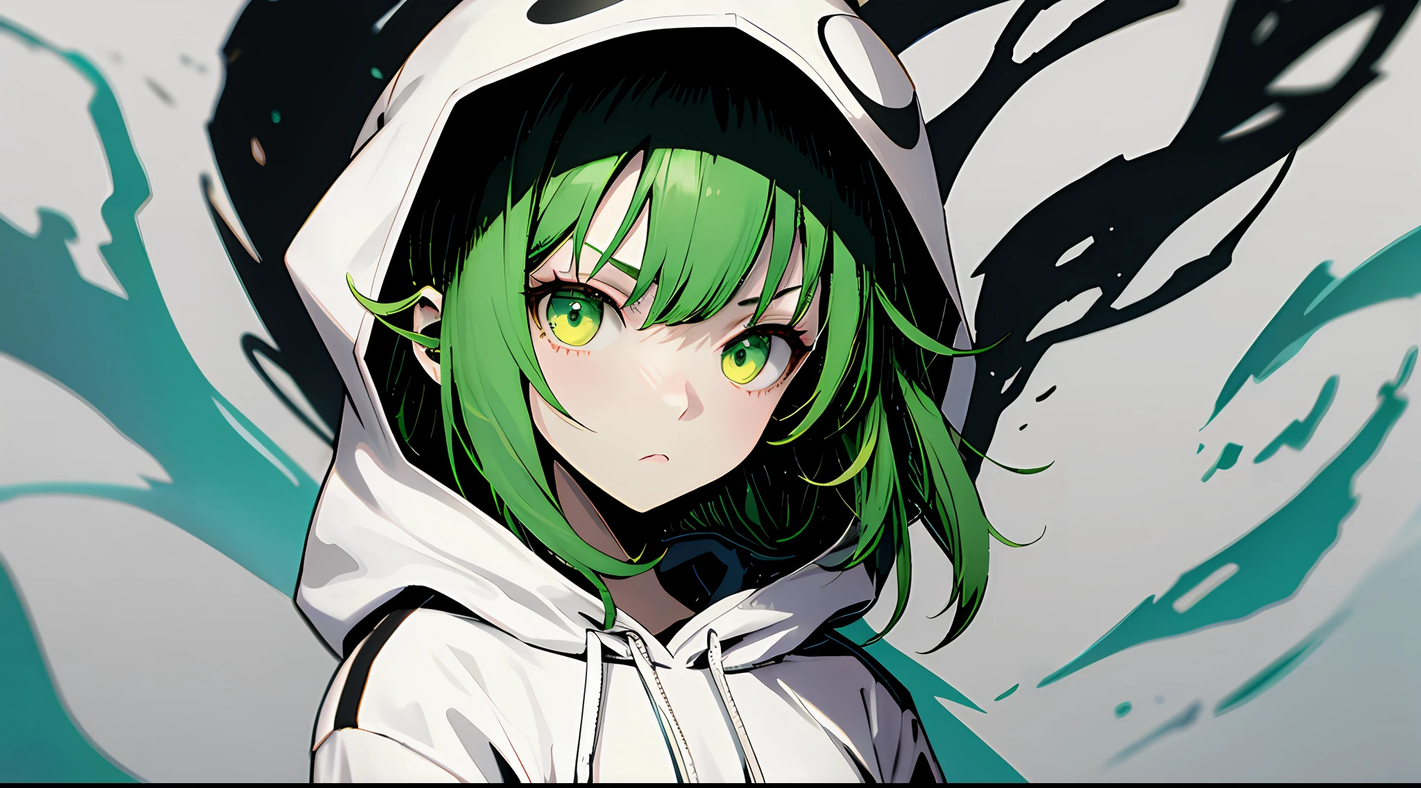 1girl in, Upper body, light green hair, White hoodie,GUMI,Dark look,Serious