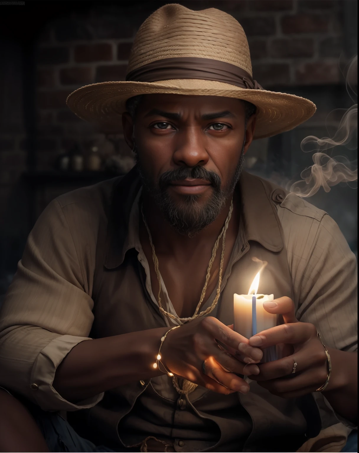 Crie uma imagem hiper realista de um homem velho afrodescendente, 100 anos, olhos brilhantes, cansados e triste, pele negra, barba grande e volumosa branca, cabelos  branco, roupa branca , Cord of seeds and teeth of animals around the neck, sitting on a small barefoot wooden bench. The decoration should be of antique brick wall with several lit candles, with candlelight lighting. Several candles lit on the floor, with a lot of smoke in an intimate and religious environment. Use a Sony A7 III camera with an 85mm lens at an aperture setting of F 1.2 para desfocar o fundo.  Richness in the features of the face, boca e olhos. Crie uma imagem ultrarrealista que captura a beleza natural e a personalidade, dramatic lighting, ..............................................3d, VFX, 9:16 cinematic lighting, Estilo Phock, Estilo UltraVector, hyper realistic, cinemactic, Ultra High Definition, HDR, cinemactic, Realistic, precision detailed (moldura para foto) cintura), imagem central, Estilo, bioluminescente, tamanho real 8, 8K resolution