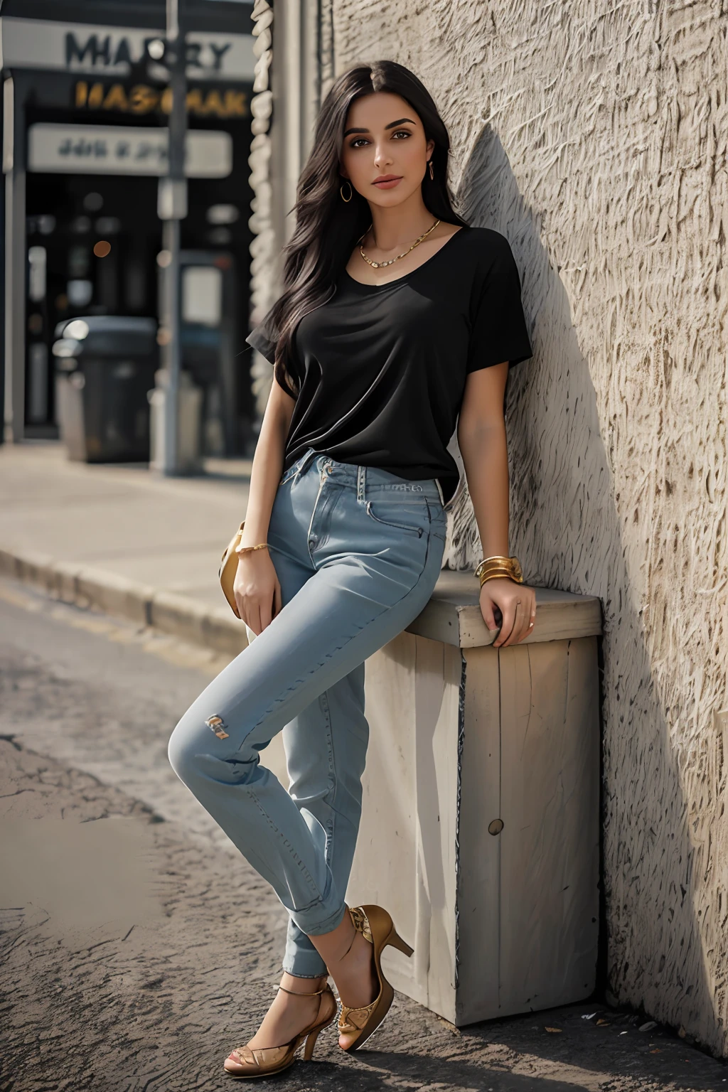 ((Best Quality, 8k, Masterpiece:1.3)), Focus: 1.2, Perfect Body Beauty: 1.4, Arabian 27 years old woman: 1.2, ((Long black Hair)), (Charcoal plain Baggy basic tee-shirt:1.1) , basic full body length tee-shirt, Dark gray low rise skinny jeans, long jeans: 1.1, Highly detailed face and skin texture, Detailed eyes, Double eyelids, toned body, Whitened skin, minor smile, large breasts, toned firm legs, long heel's, whitened skin, detailed eyes and face, middle eastern woman, baggy medium size basic tee-shirt, simple plain Baggy Tee-shirt, toned hips, 8K UHD, gold anklets, neck gold chain, model looks, apocalypse city, rainy weather, dark clouds, hold wrist watch, bracelet, bangle's, open legs style Posing, old gas station, sitting on a old wooden chair, high heels, detailed beautiful feets, detailed feets fingers and shape, dusty sunny weather